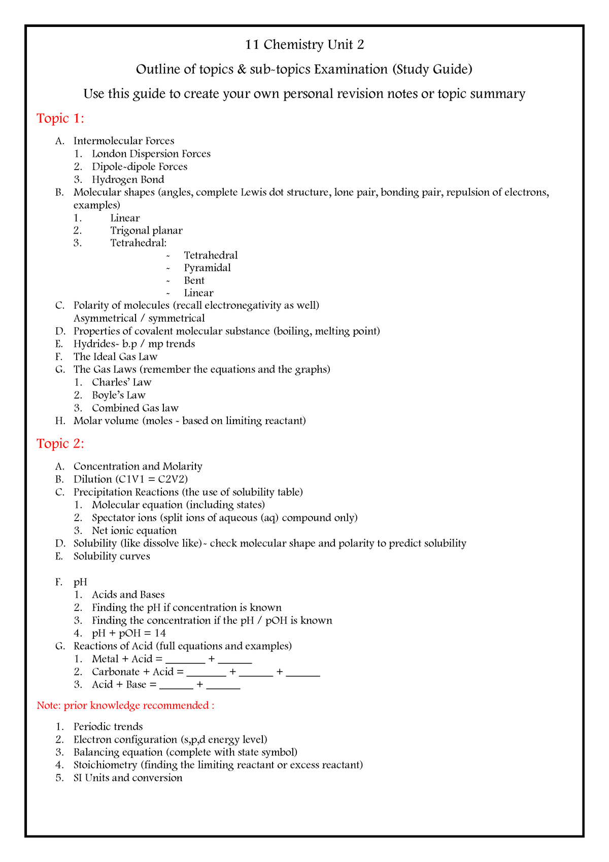 11 Chemistry Unit 2 Study Guide - 11 Chemistry Unit 2 Outline Of Topics ...