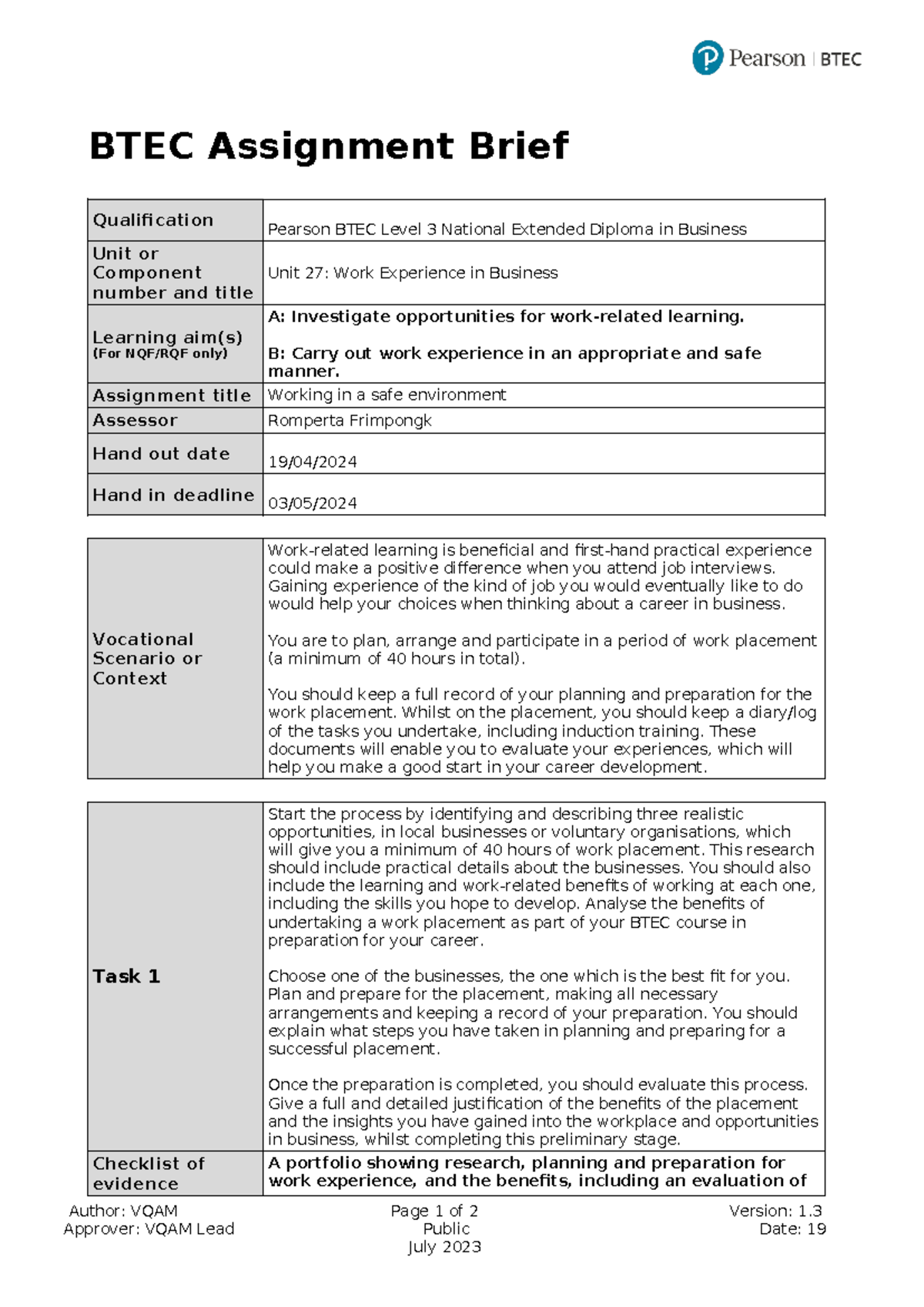 Unit 27 Work Experience in Business Assignment LO A&B - BTEC Assignment ...