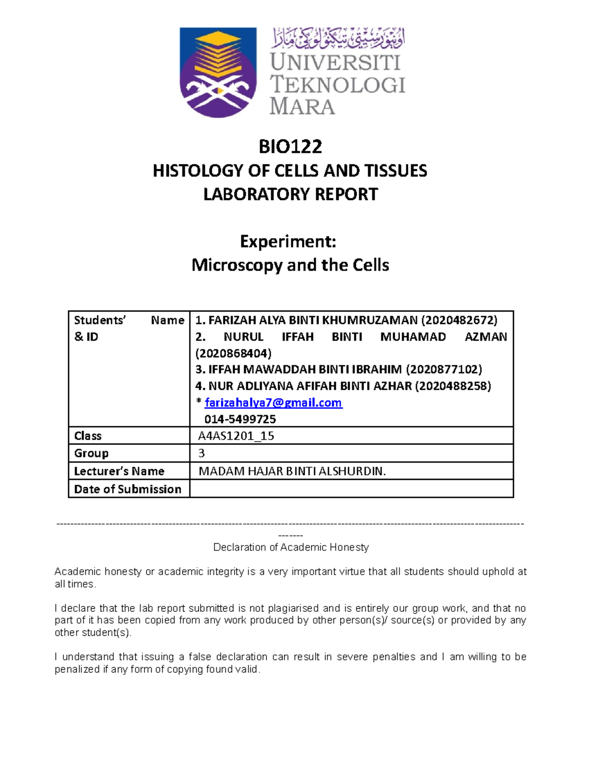 4.0 BIO122 Lab Report Template - Histology of Cell and Tissue - UiTM ...