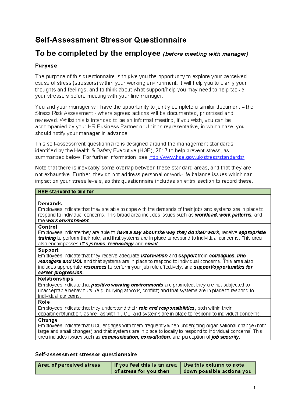 Self-assessment stressor questionaire - Self-Assessment Stressor ...