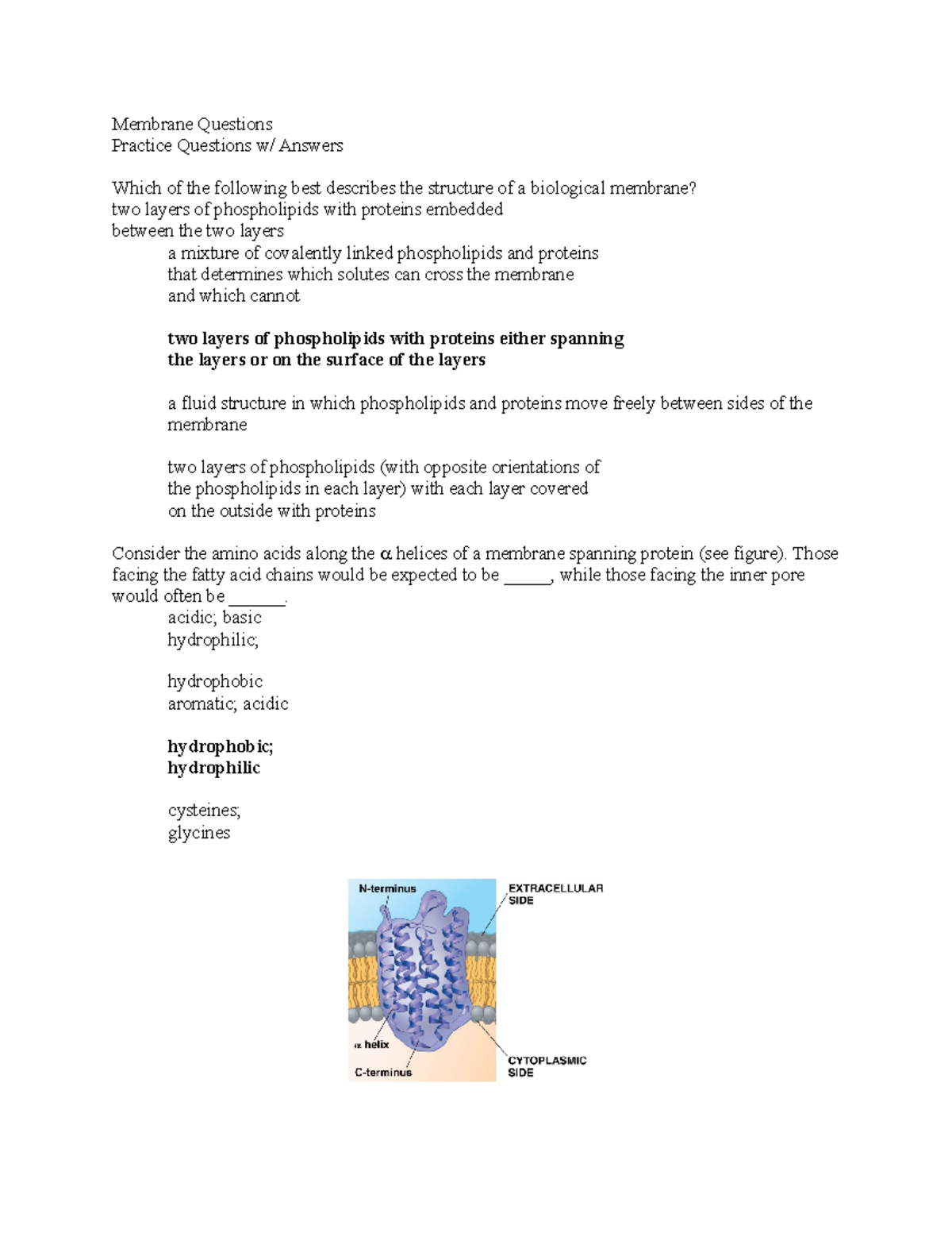 BIO 122 membrane questions - Membrane Questions Practice Questions w ...