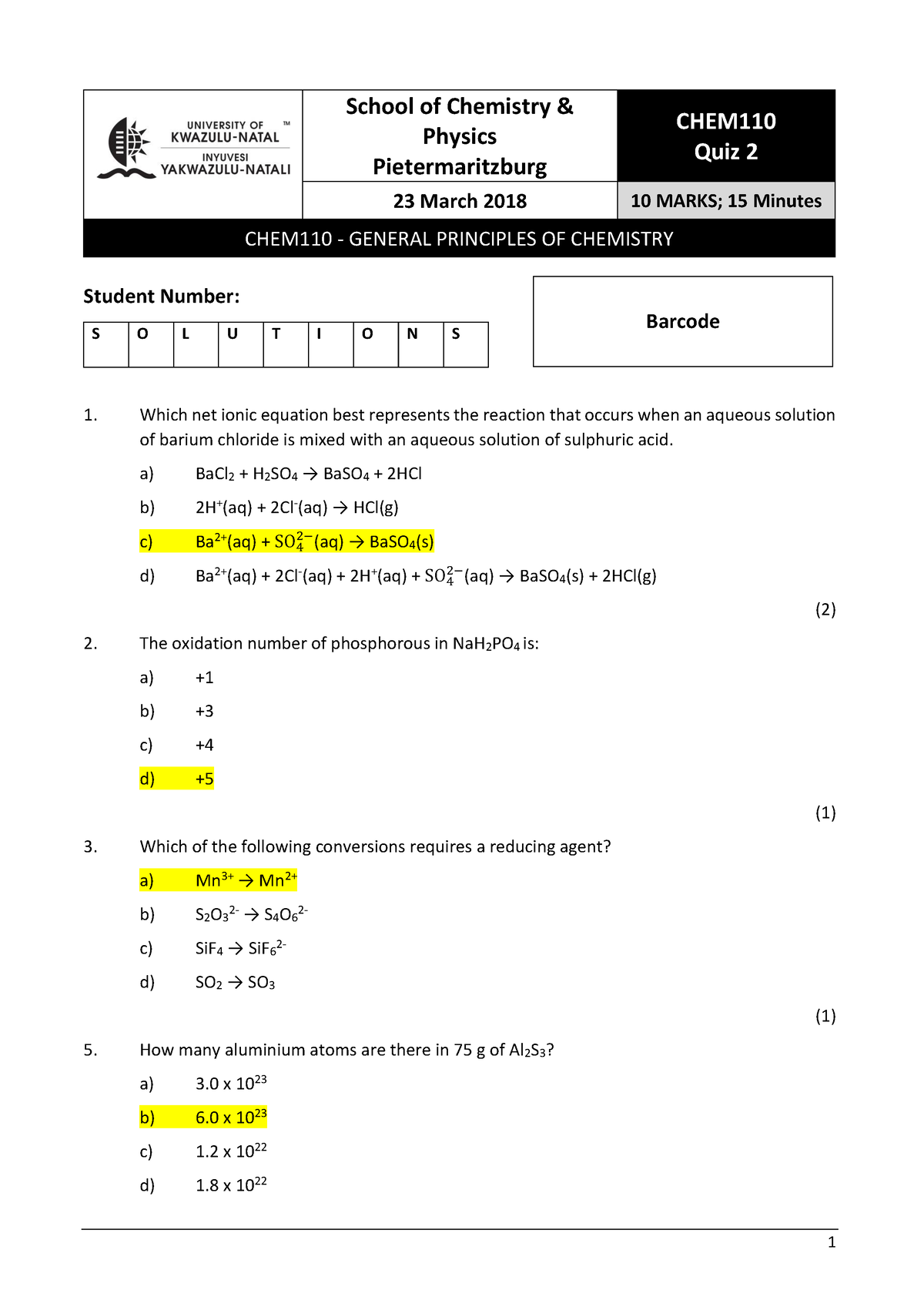 Quiz 2 2018 Memo - Chemistry 110: General Principles Of Chemistry - 1 ...