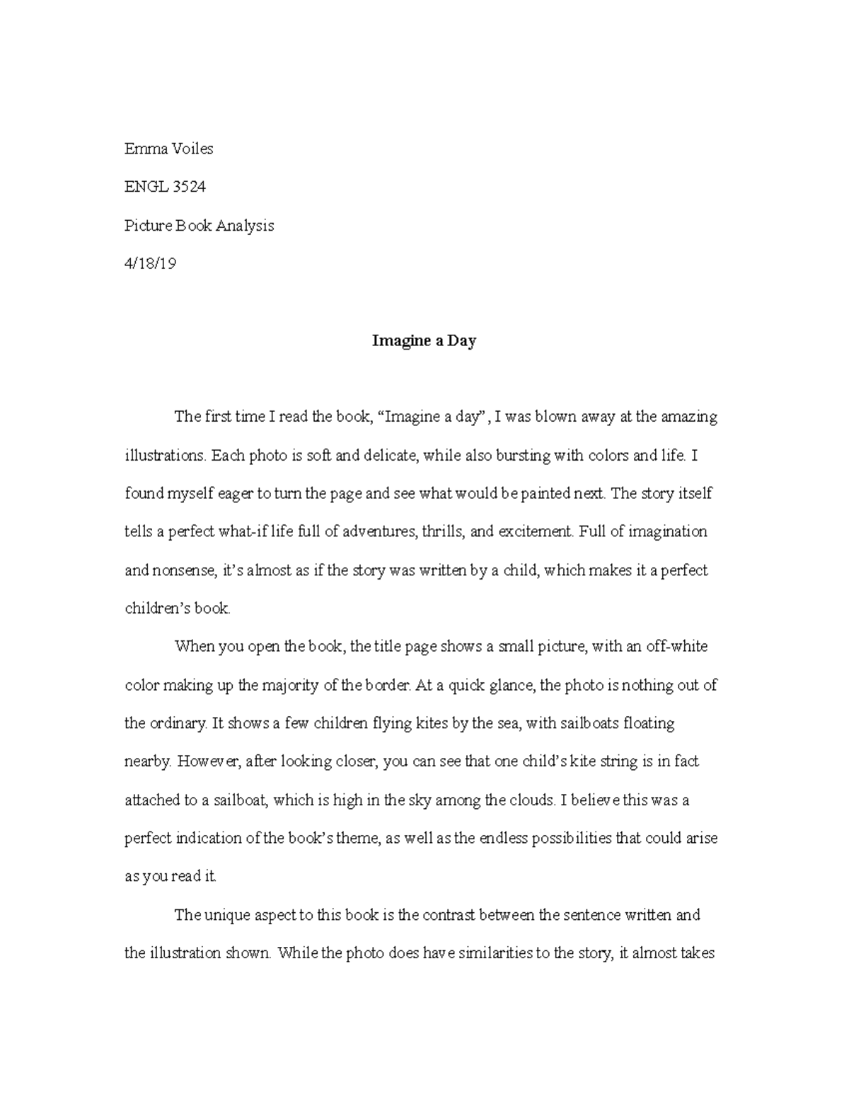 Picture book analysis Grade A+ Emma Voiles ENGL 3524 Picture Book