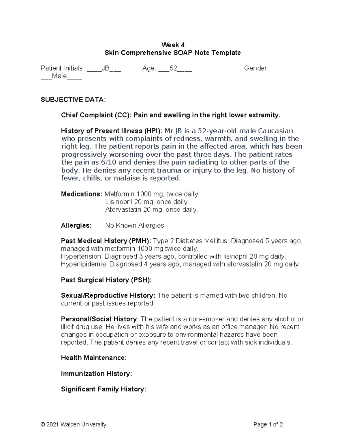 Skin Comprehensive SOAP Note Template - Week 4 Skin Comprehensive SOAP ...