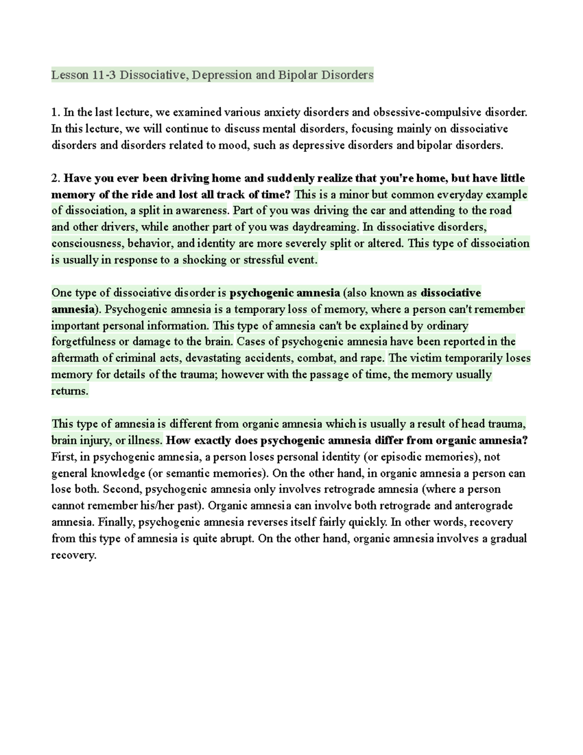 Lesson 11 1 Psychological Disorders Part 2 Lesson 11 3 Dissociative Depression And Bipolar