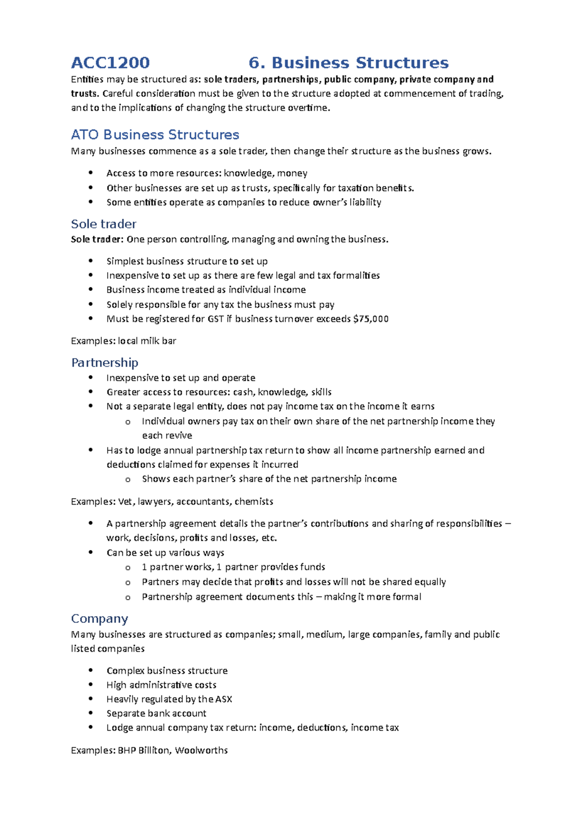 6. Business Structure - Lecture notes 6 - ACC1200 6. Business ...