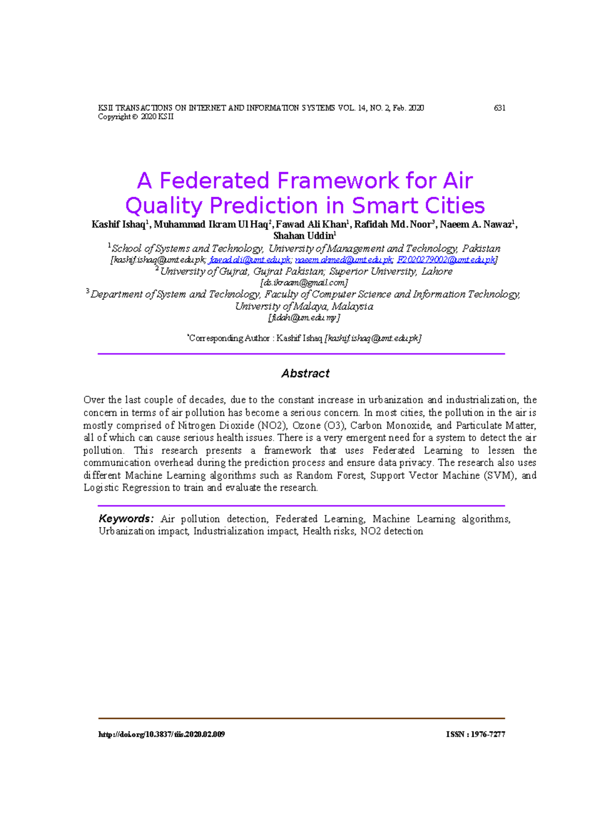 A Federated Framework for Air Quality Prediction in Smart Cities - KSII ...