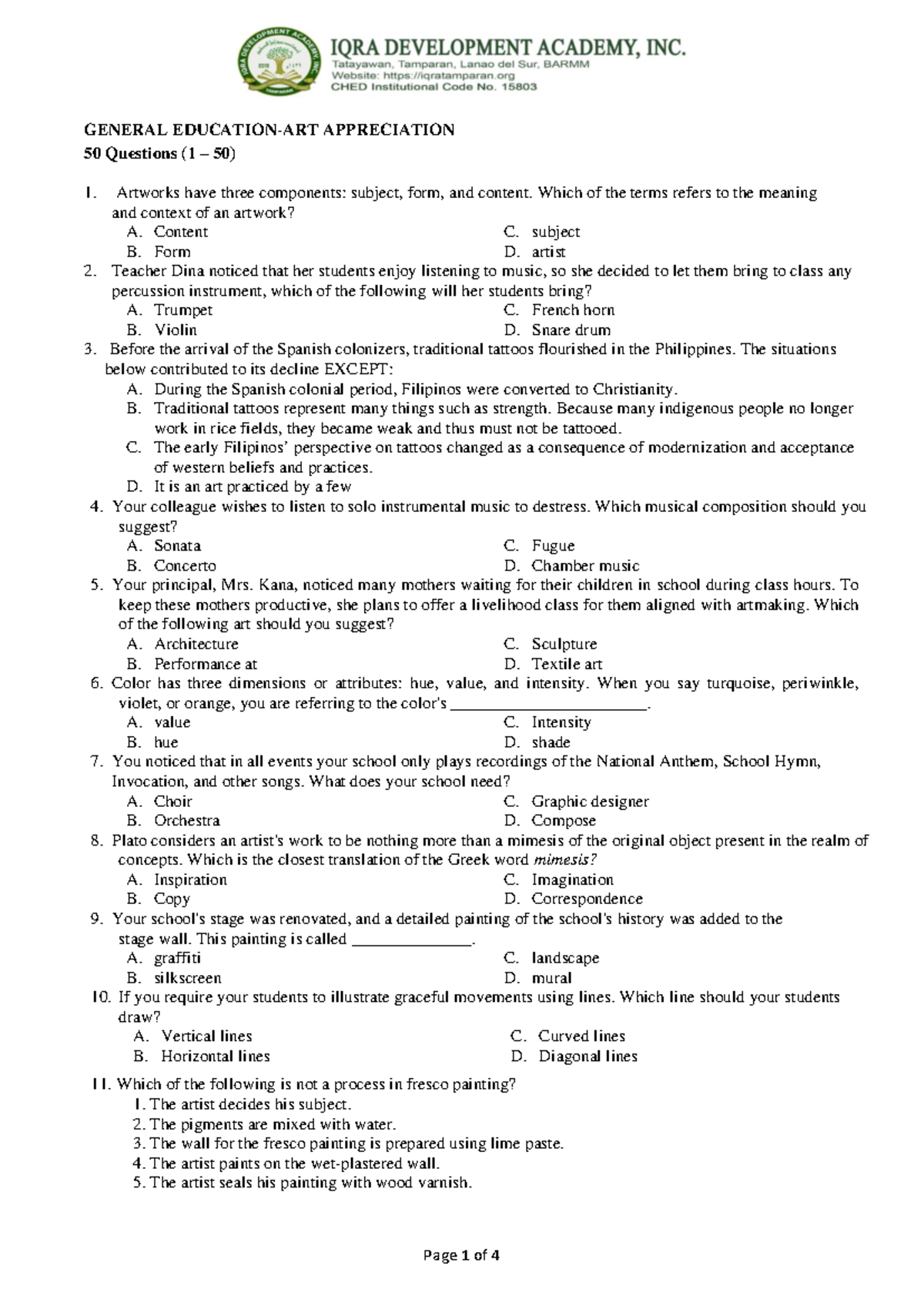 Art App Review GENERAL EDUCATIONART APPRECIATION 50 Questions (1