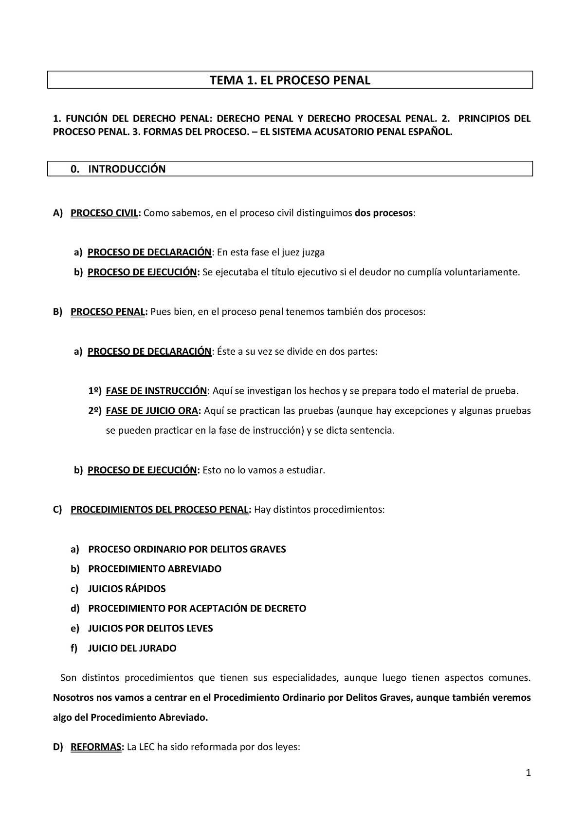 Derecho Procesal Penal Temario Completo - TEMA 1. EL PROCESO PENAL 1 ...