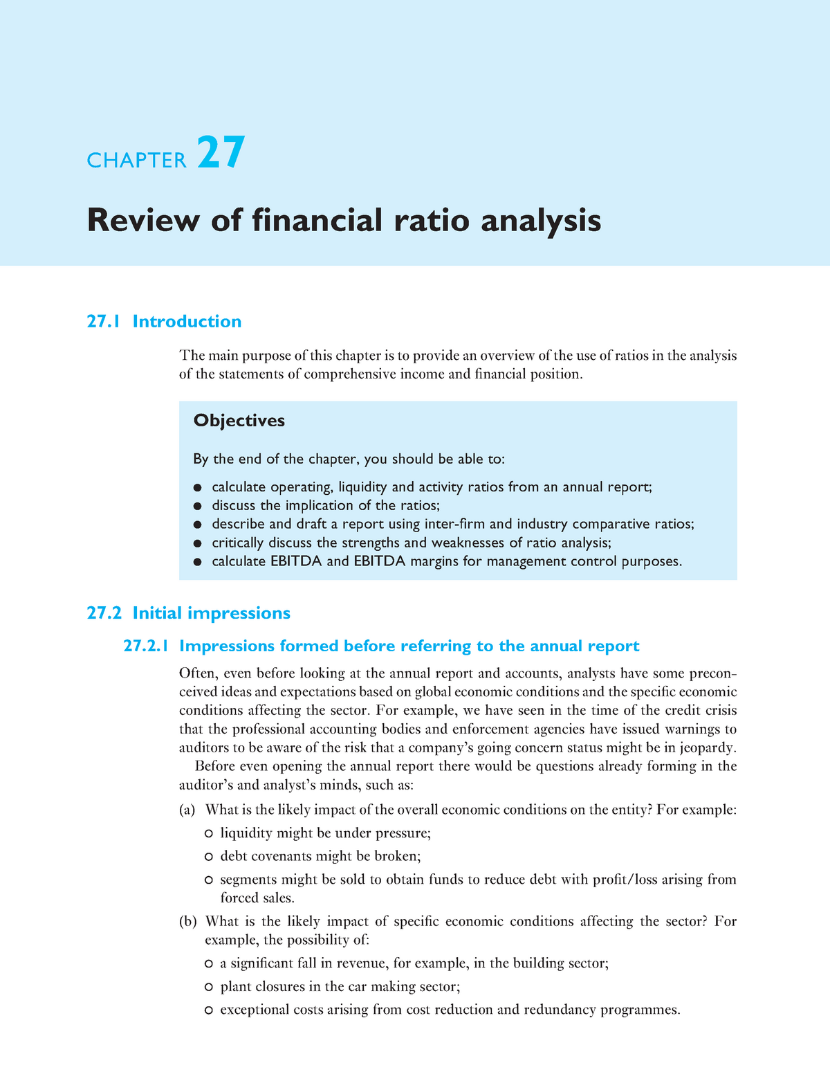 Chapter 27 Review of financial ratio an - 27 Introduction The main ...