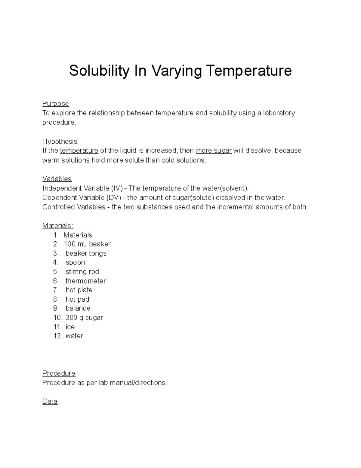 Solubility Lab Report Solubility In Varying Temperature Purpose To