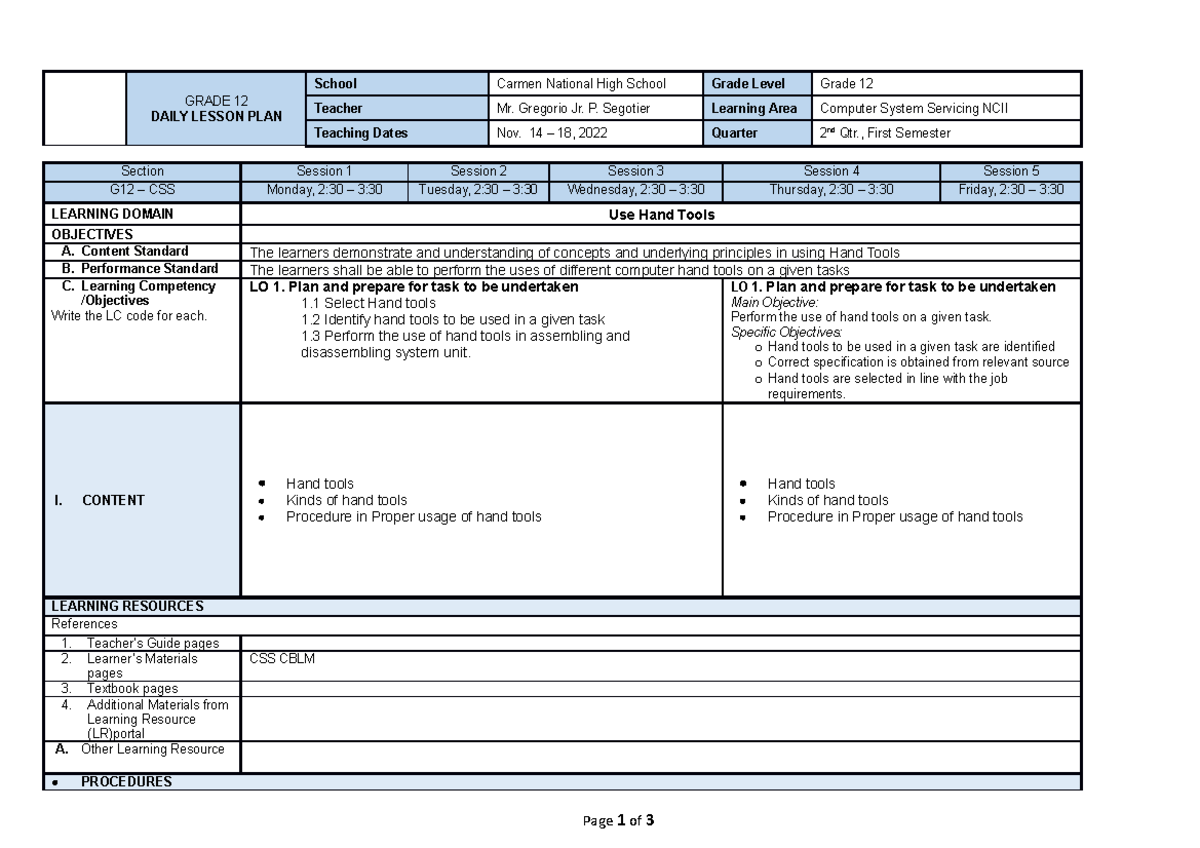 Lesson plan in CSS NCII Week 5 - GRADE 12 DAILY LESSON PLAN School ...