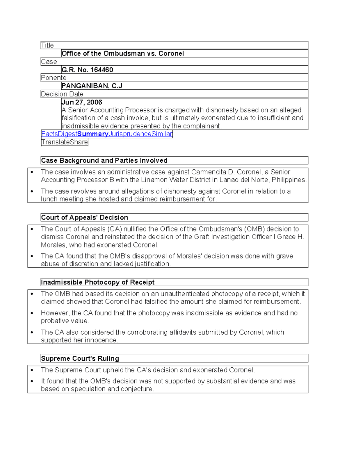 Case F - Title Office of the Ombudsman vs. Coronel Case G. No. 164460 ...