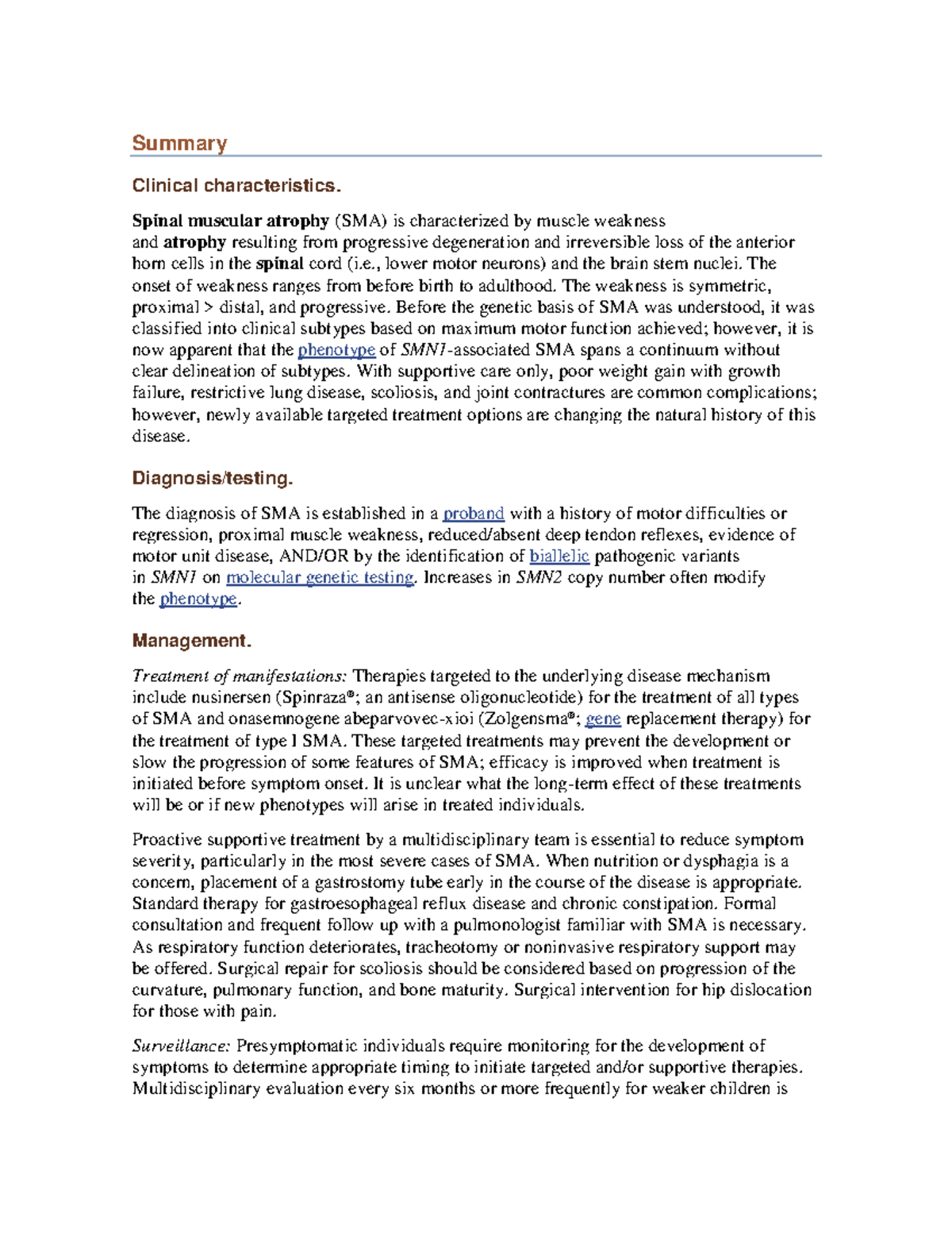 Atrofia Muscular Espinal - Summary Clinical Characteristics. Spinal 