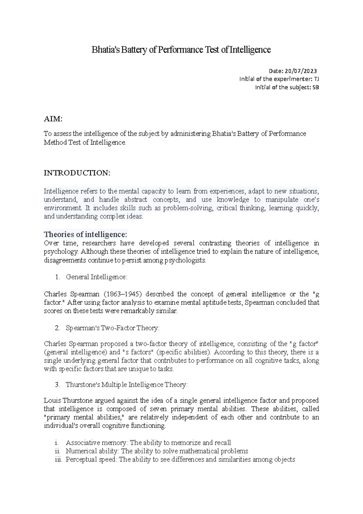 Intelligence test this is about the Bhatia's Battery of Performance Test of Intelligence