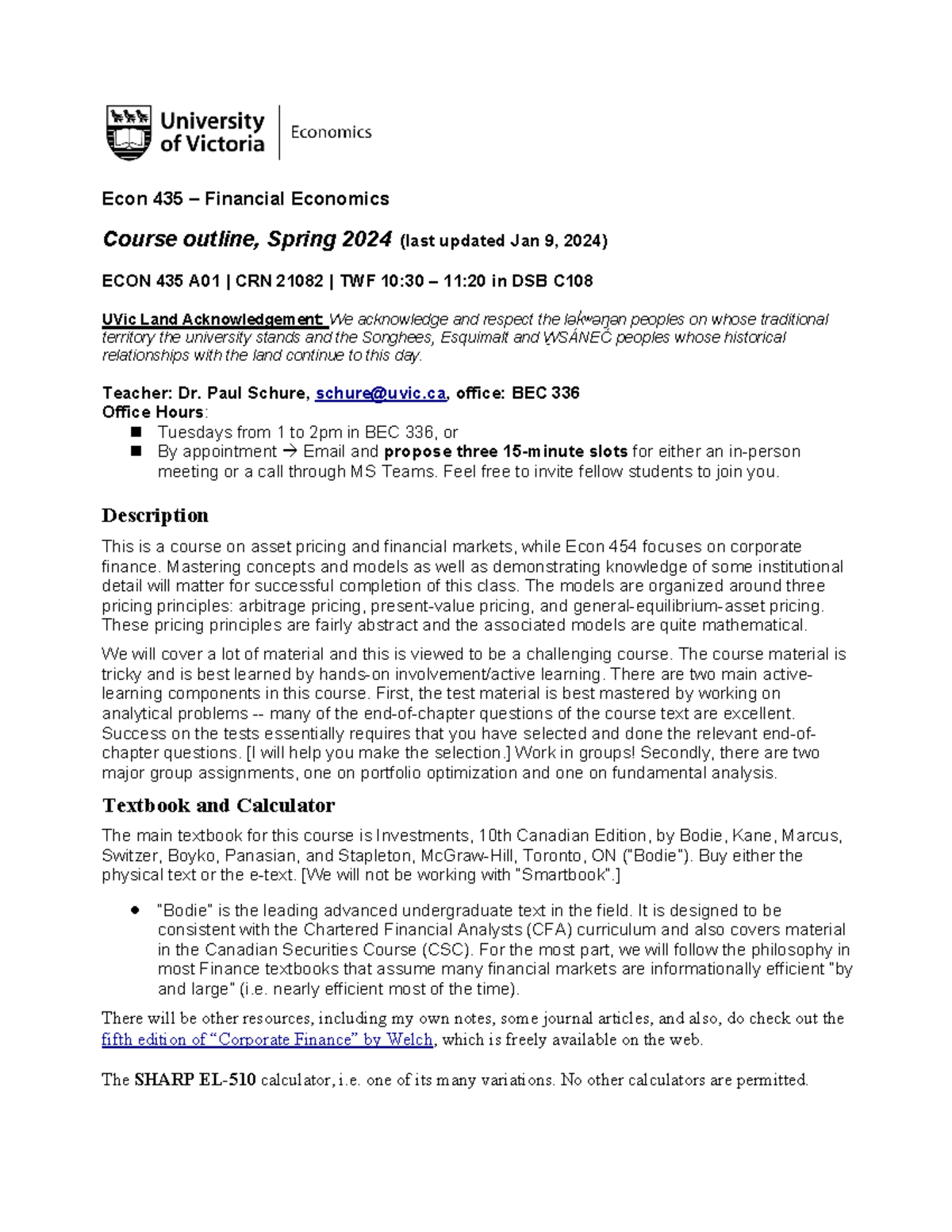 Econ-435 2024 spring-a01 - Econ 435 – Financial Economics Course ...