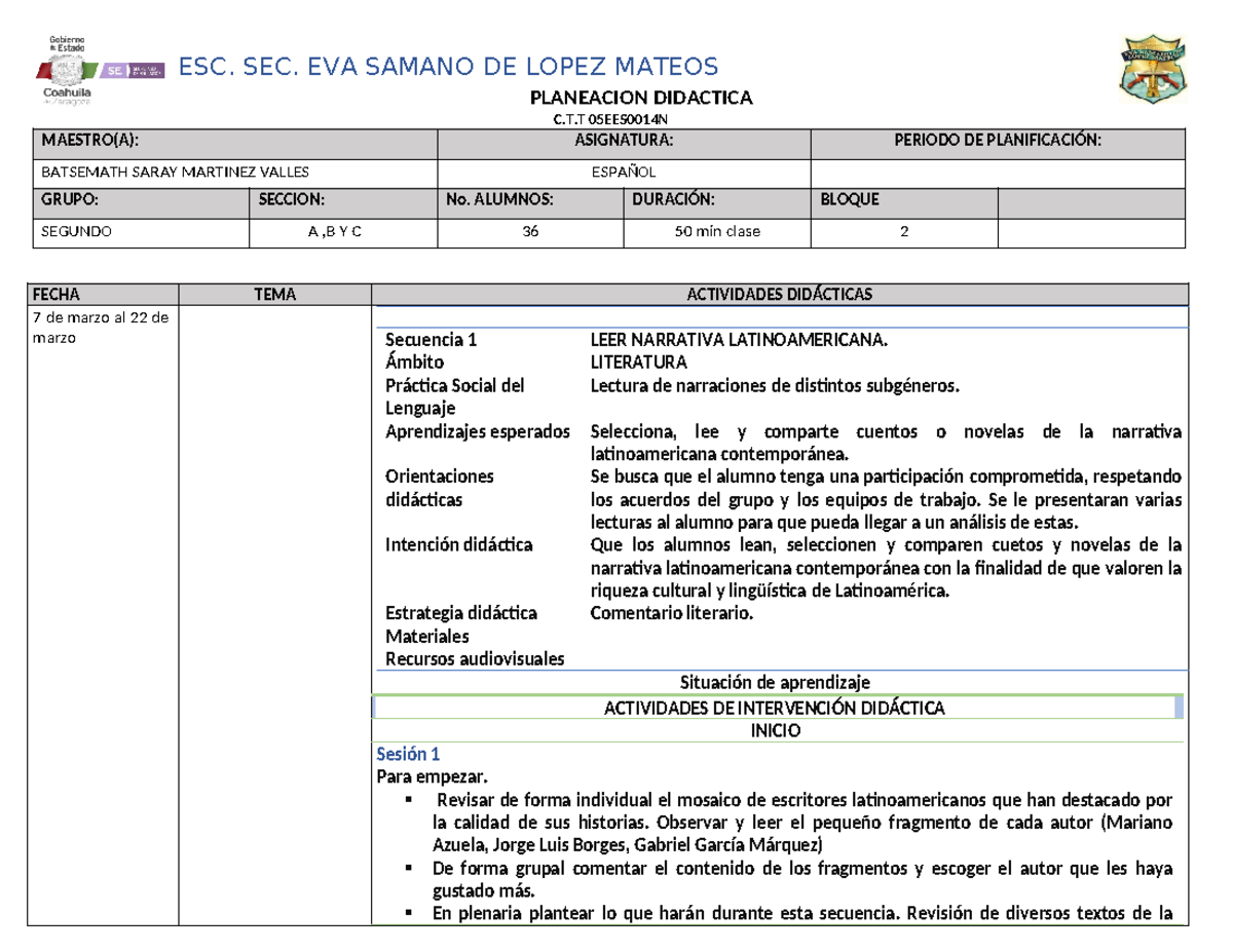 Planeacion Segundo Grado Primer Trimestre - ESC. SEC. EVA SAMANO DE