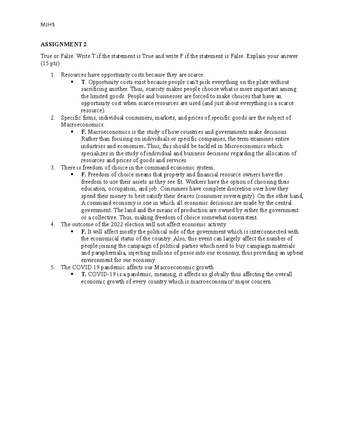 Economic Development Assignment 1.1 Econdev - MJHS ASSIGNMENT 2 True or ...