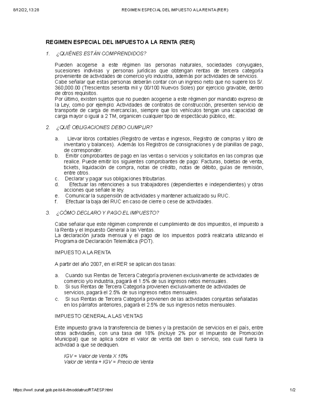 Regimen Especial DEL Impuesto A LA Renta (RER) - 8/12/22, 13:28 REGIMEN ...