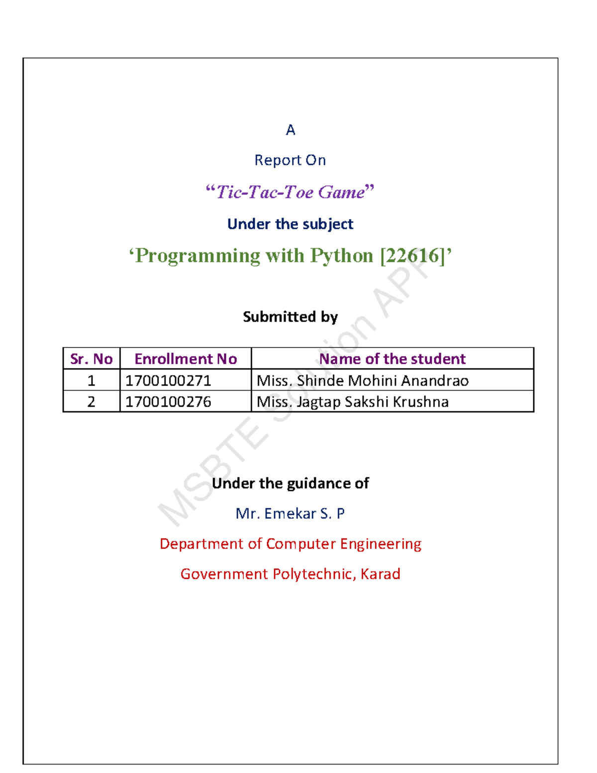 Python microproject - Xyz - A Report On “Tic-Tac-Toe Game” Under the ...