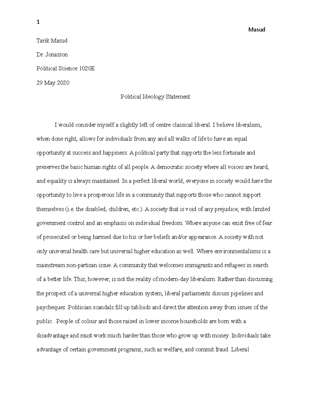 Political Ideology Statement - 1 Masud Tarik Masud Dr. Jonasson ...