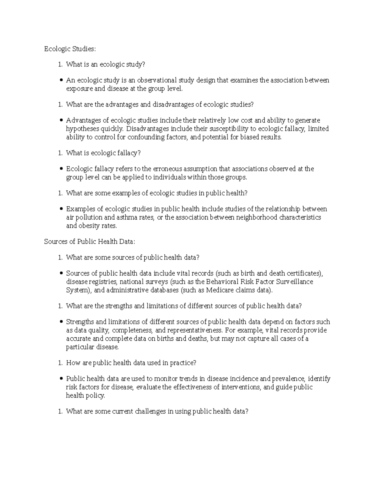 Ecologic studies and sources of public health data ecologic studies