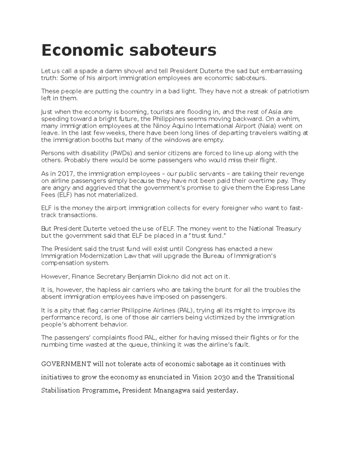 Economic saboteurs Definition Economic saboteurs Let us call a