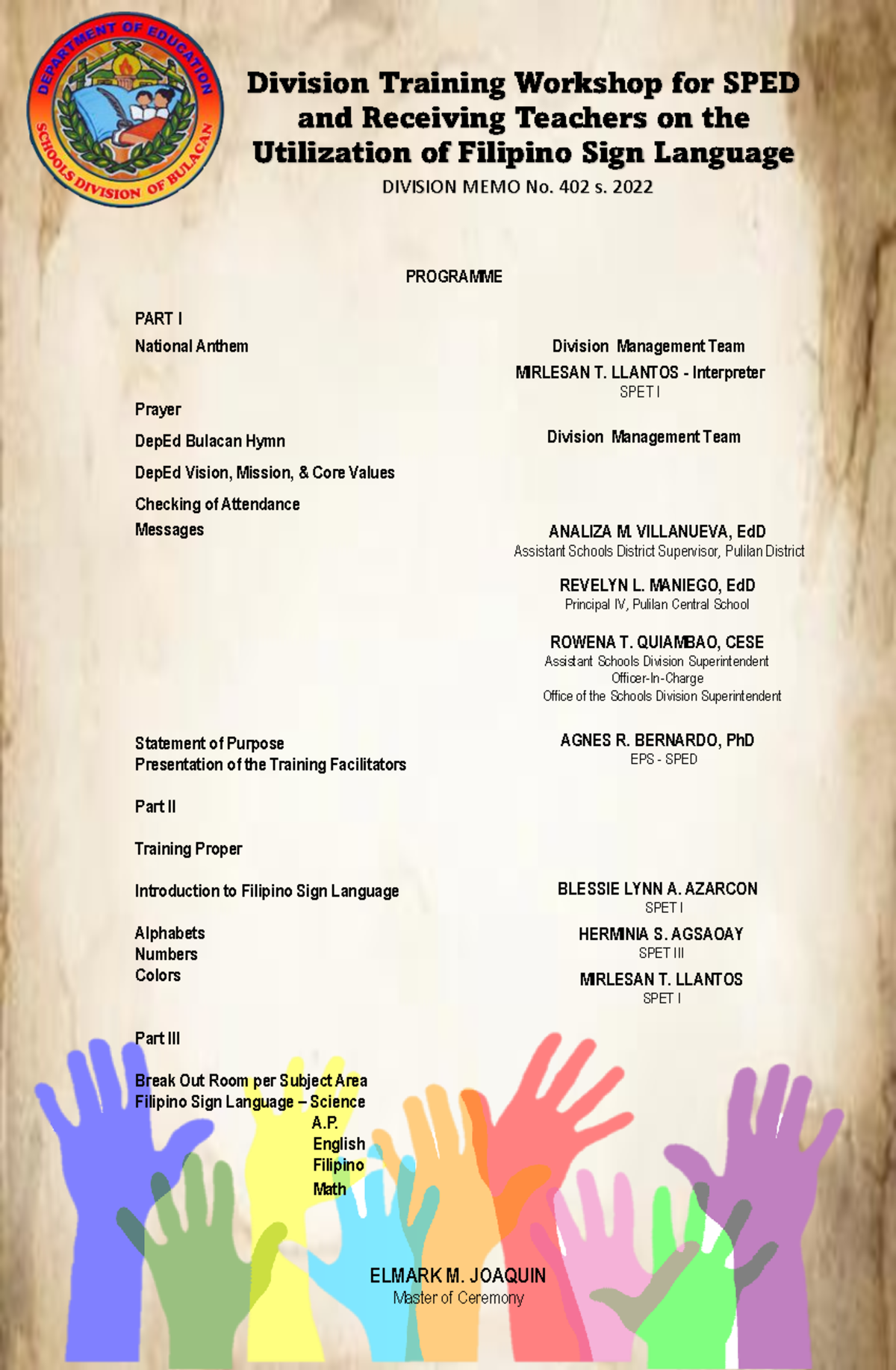 FSL- Programme - Program - Division Training Workshop for SPED and ...