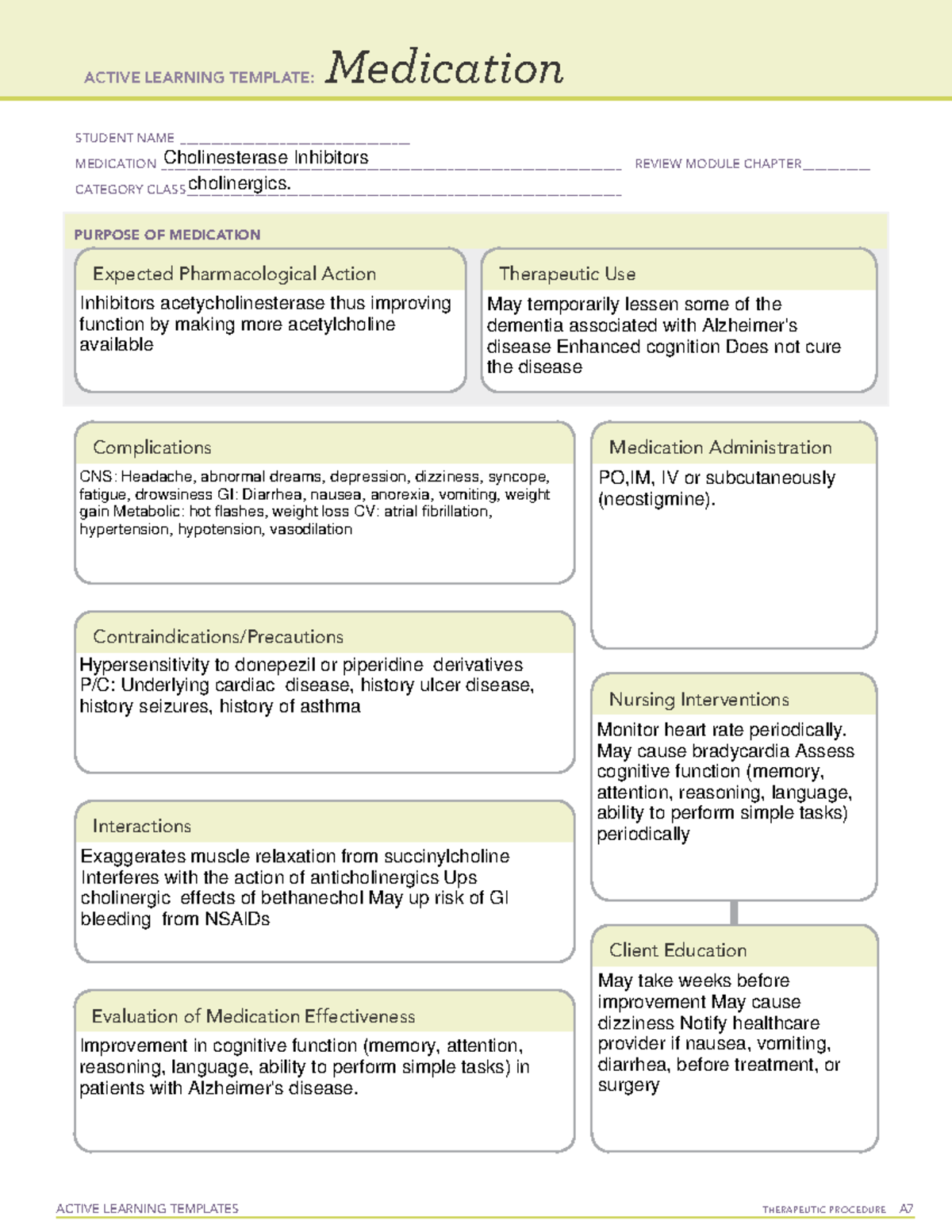 Cholinergics - ACTIVE LEARNING TEMPLATES TherapeuTic procedure A ...