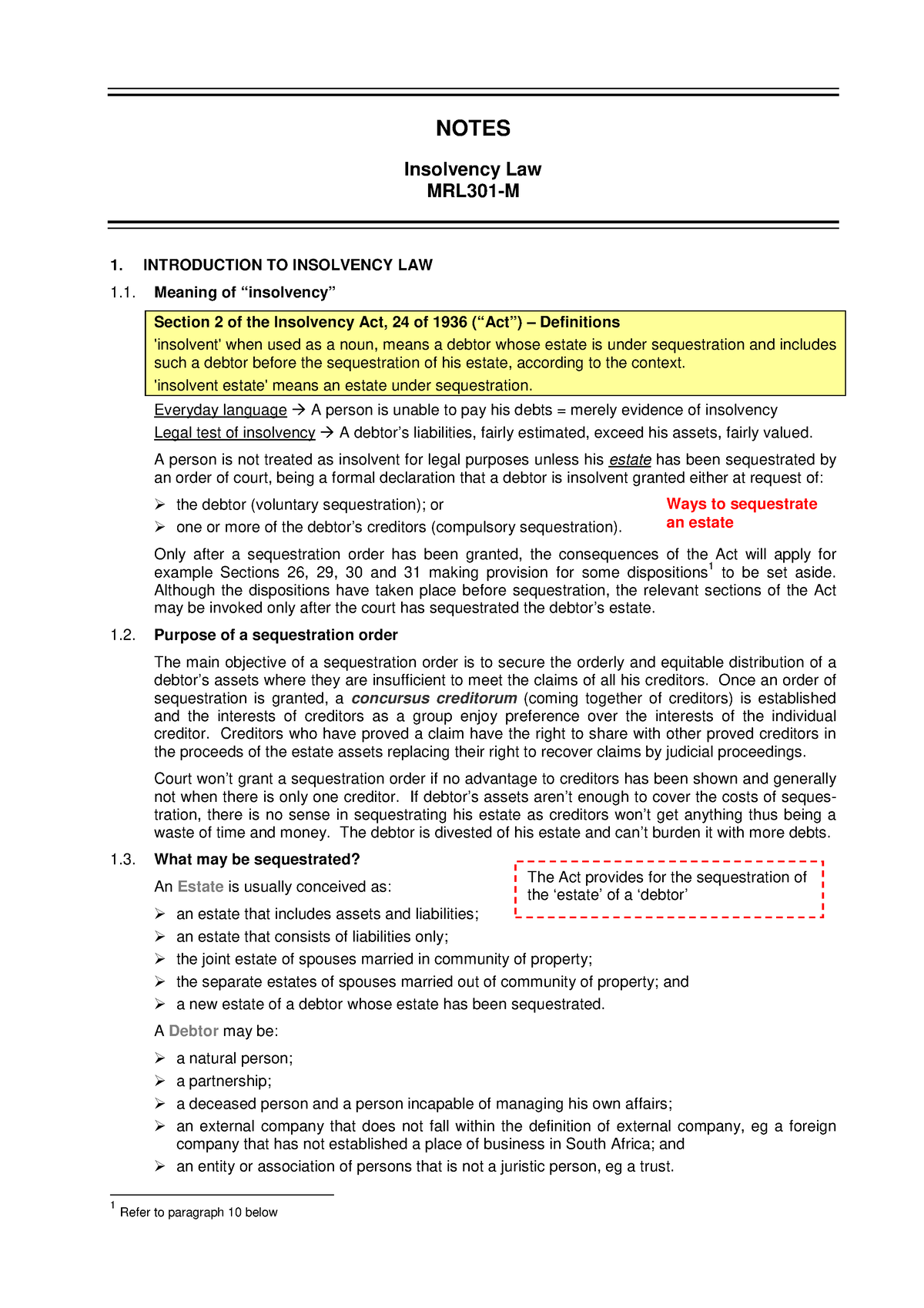 Insolvency Law Notes - CASE STUDY - NOTES Insolvency Law MRL301-M 1 ...