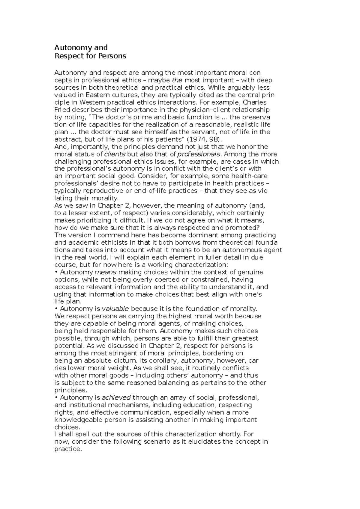 PM 106 Ethics 9 - Autonomy and Respect for Persons Autonomy and respect ...