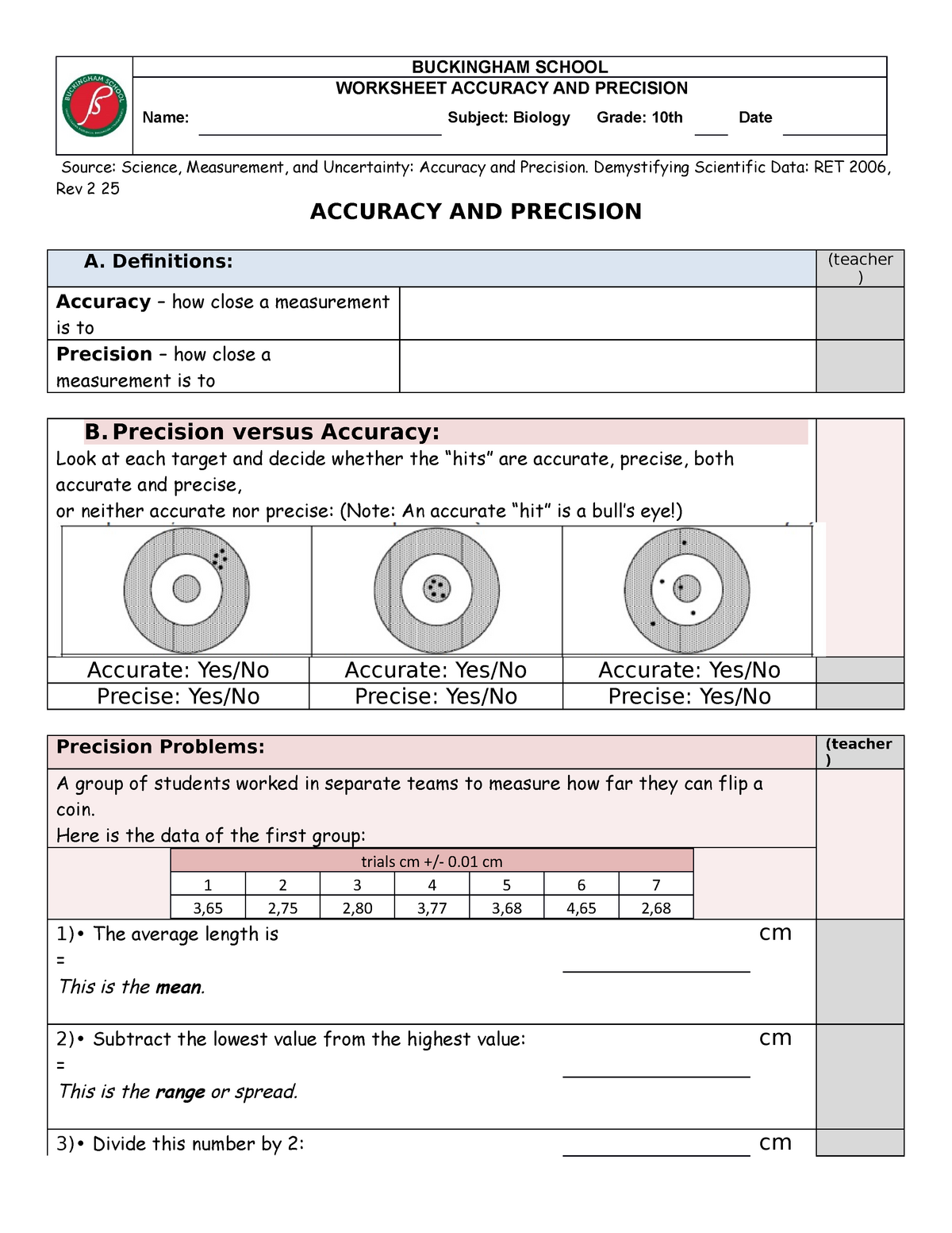 Topic 25-Accuracy worksheet virtual 22521 - Química general - 25 Within Accuracy Vs Precision Worksheet