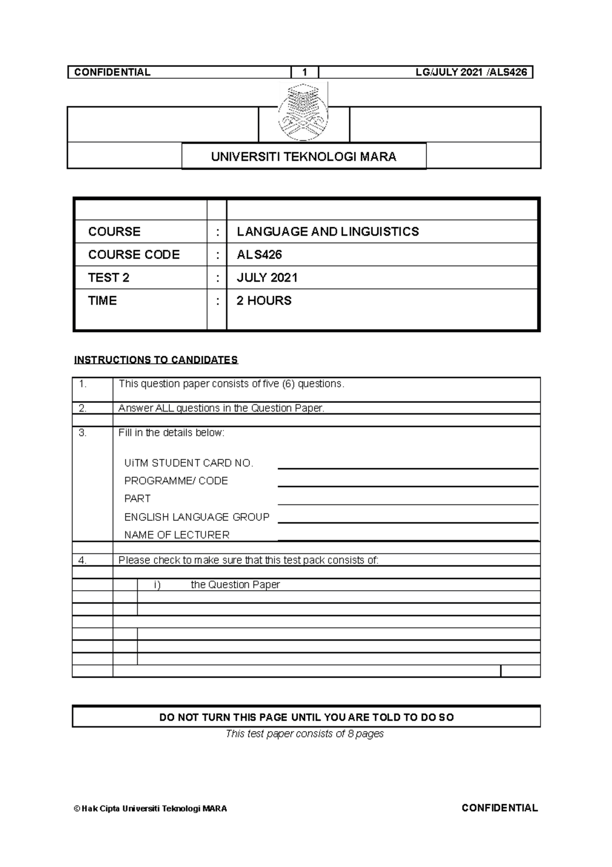 ALS426 Test 2 Practice 2 (July 2021 paper) - UNIVERSITI TEKNOLOGI MARA ...