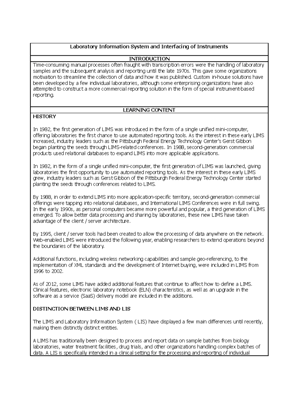 Laboratory Information System and Interfacing of Instruments