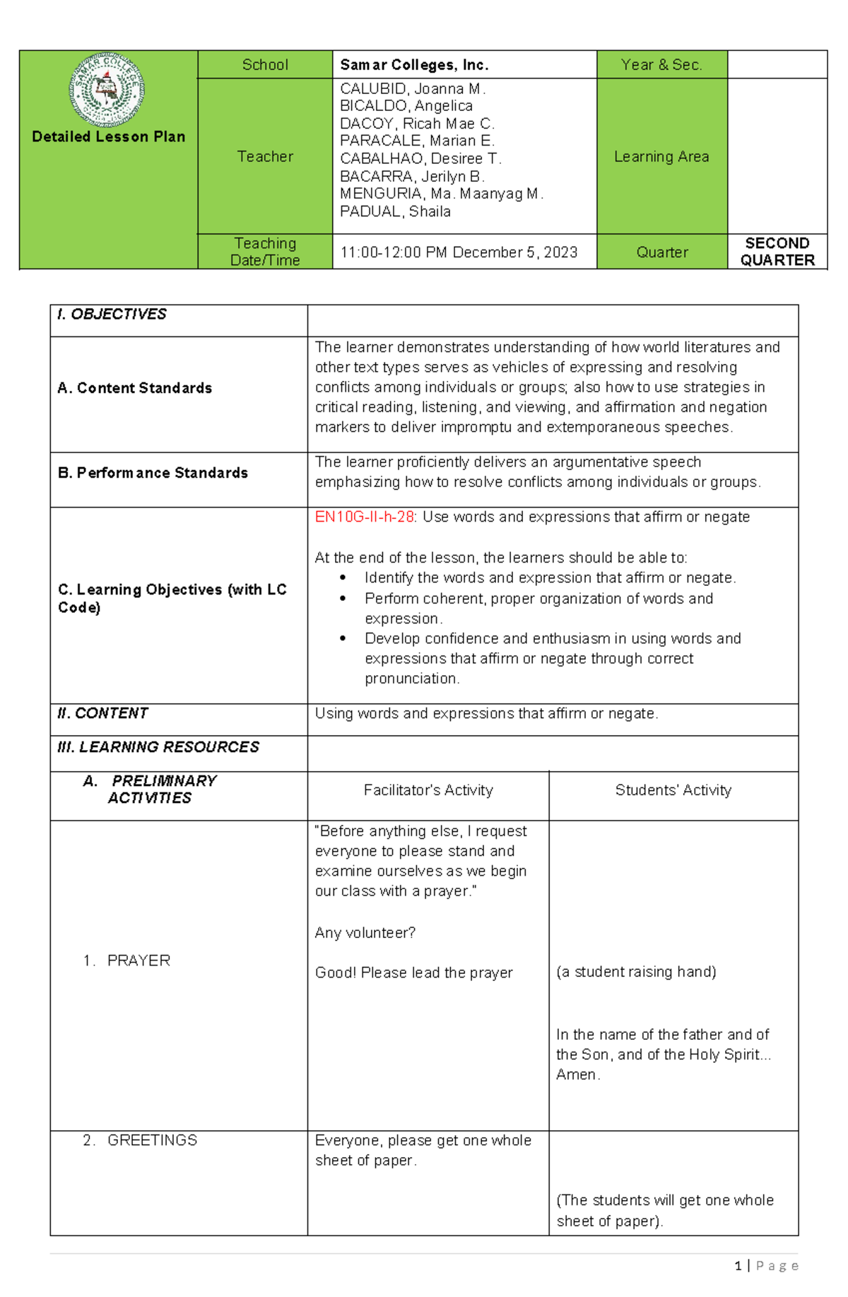 lesson plan of the methodology