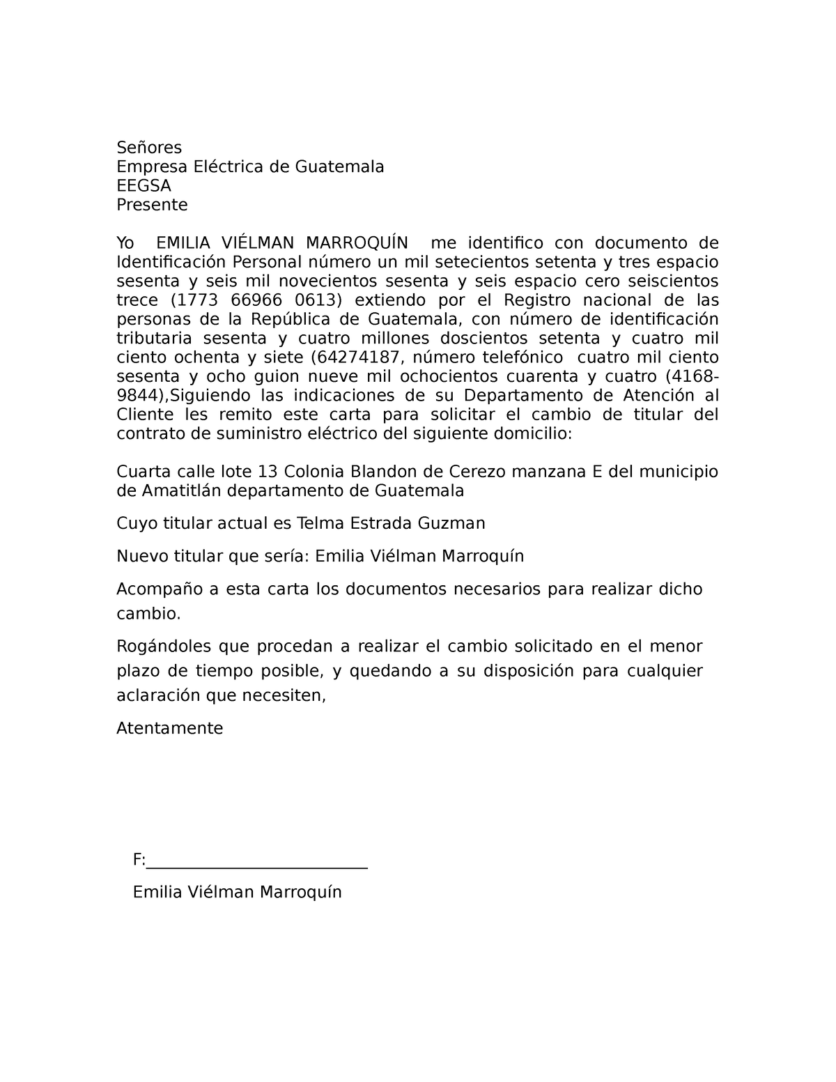 Carta De Solicitud De Cambio De Servicio De Luz Señores Empresa
