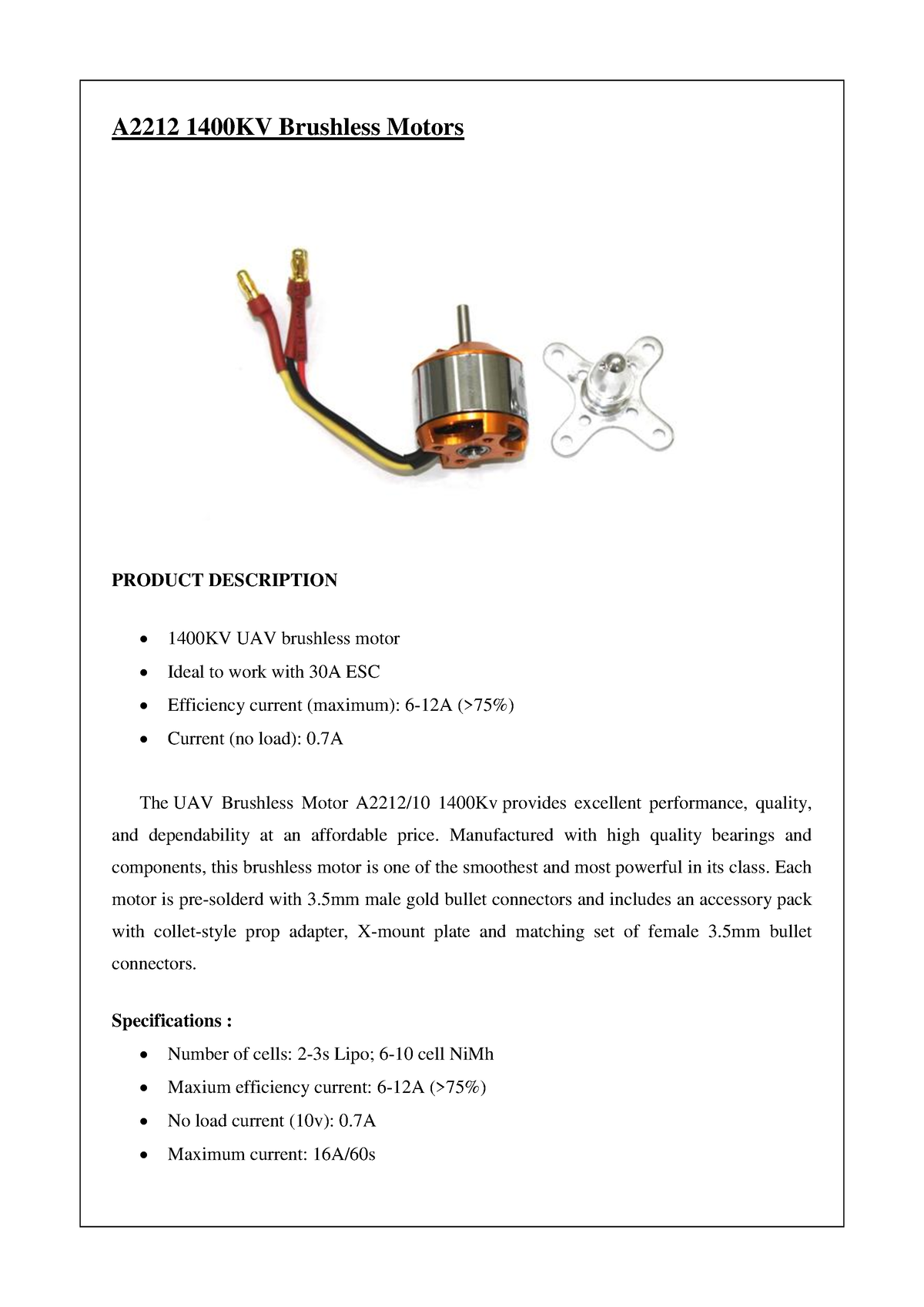 A2212 Brushless Motor A2212 1400kv Brushless Motors Product