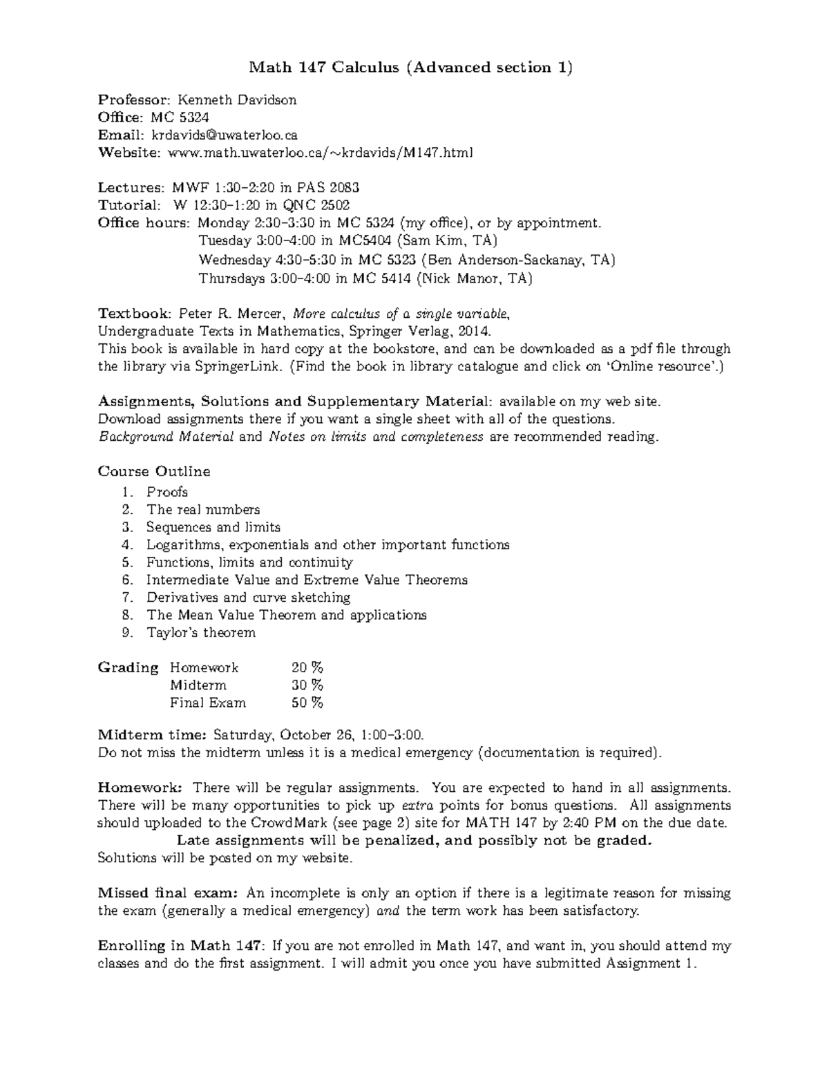M147outline - Summary Advanced Calculus 1 - Math 147 Calculus (Advanced ...