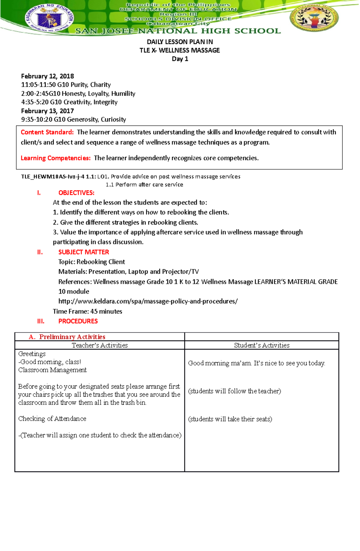 Rebooking DLL DAILY LESSON PLAN IN TLE X WELLNESS MASSAGE Day 1