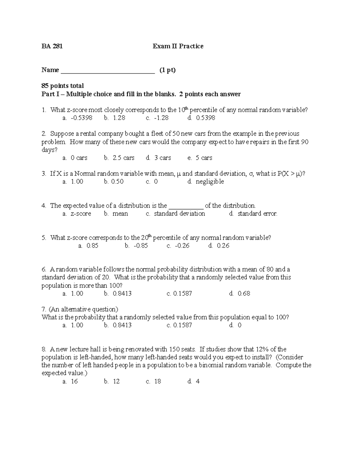 BA 281 Exam II Practice - Studocu