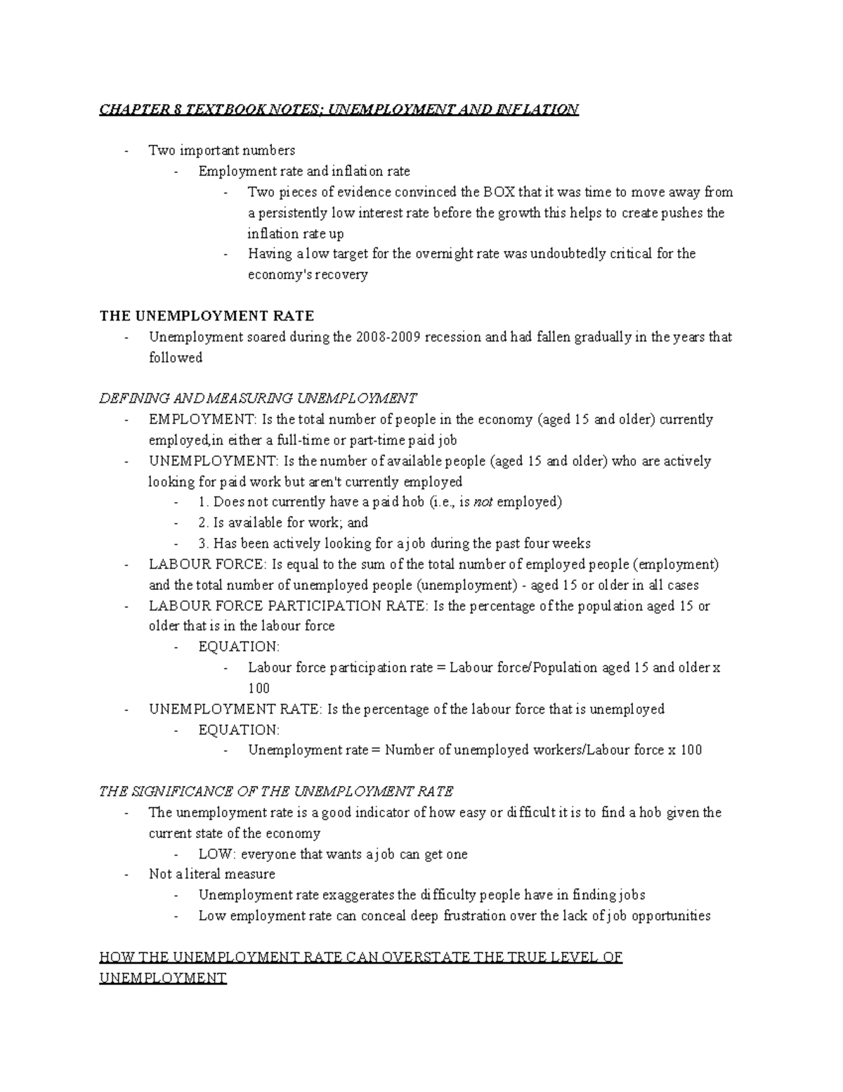Chapter 8; Textbook Notes - CHAPTER 8 TEXTBOOK NOTES; UNEMPLOYMENT AND ...