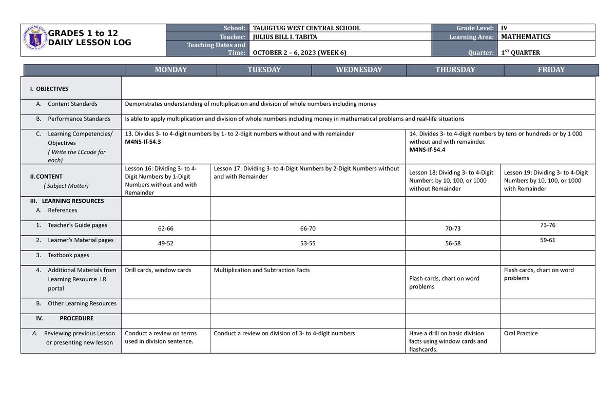 Dll Mathematics 4 Q1 W6 Dll Grades 1 To 12 Daily Lesson Log School Talugtug West Central 8705