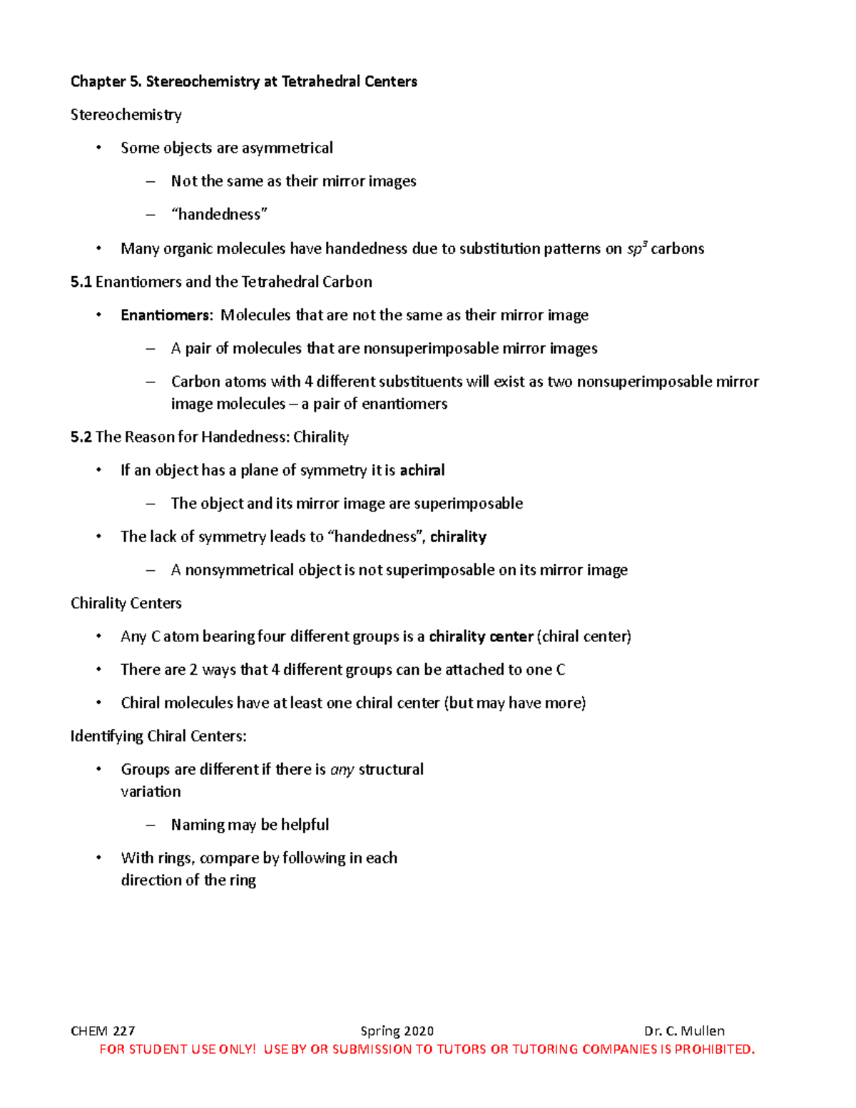 Chapter 5 Notes CM 20a - Chapter 5. Stereochemistry at Tetrahedral ...