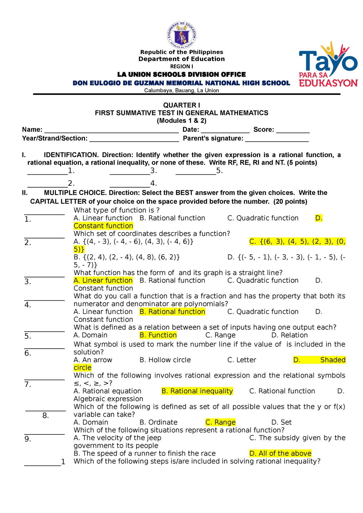 ST1-Q1 Gen Math 2023 - GenMath Test - Republic Of The Philippines ...