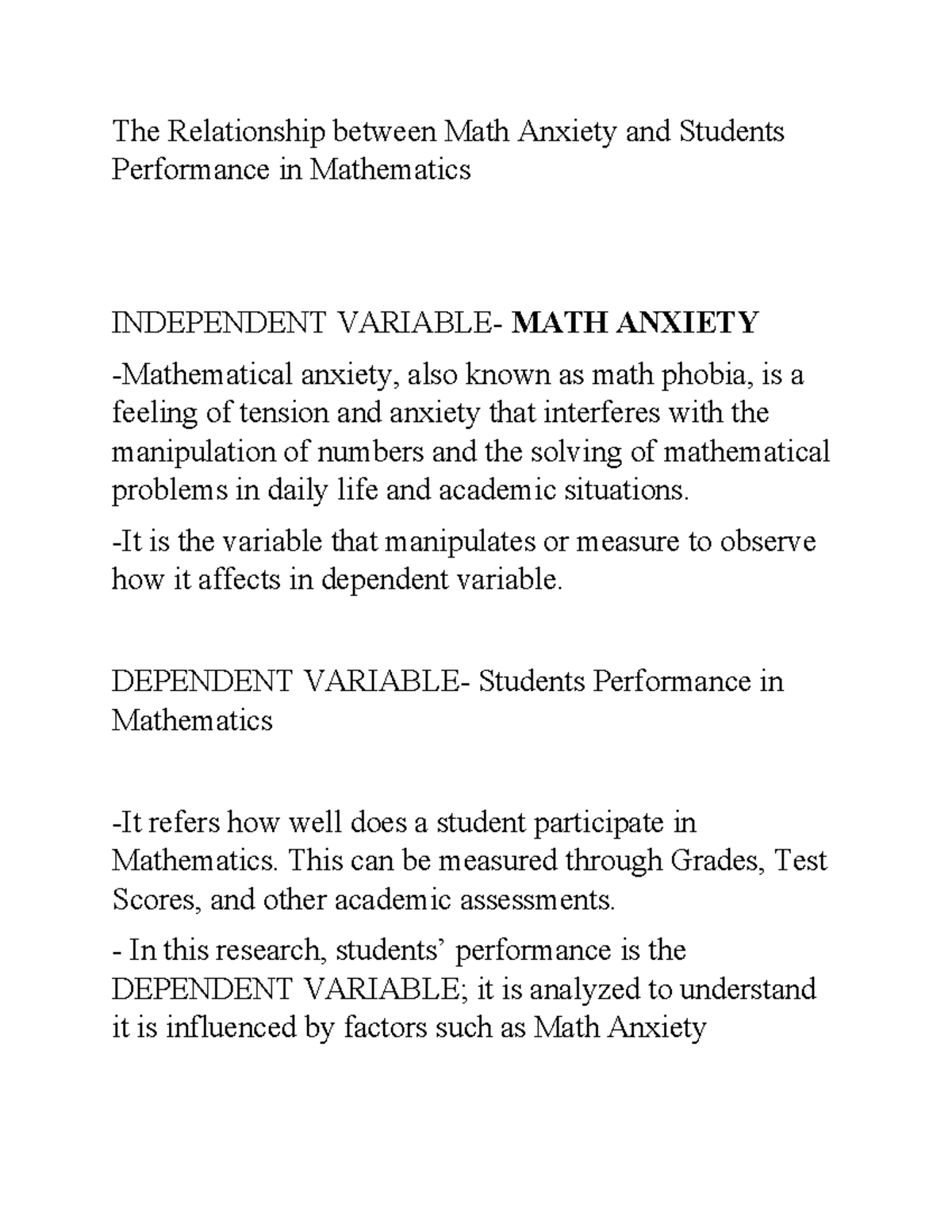The Relationship between Math Anxiety and Students Performance in ...