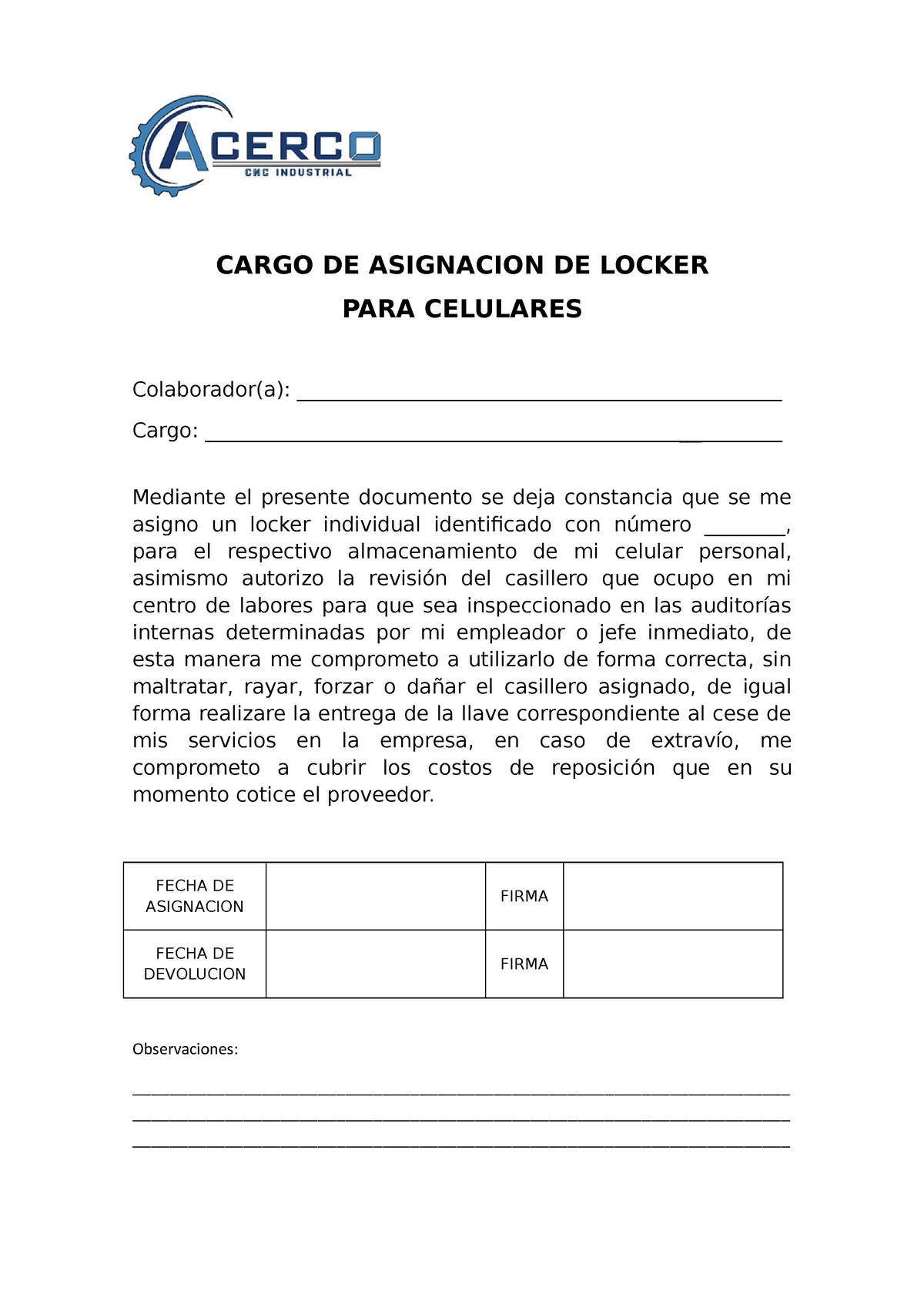 Sl 002 Formato Asignacion De Lockers Pdf