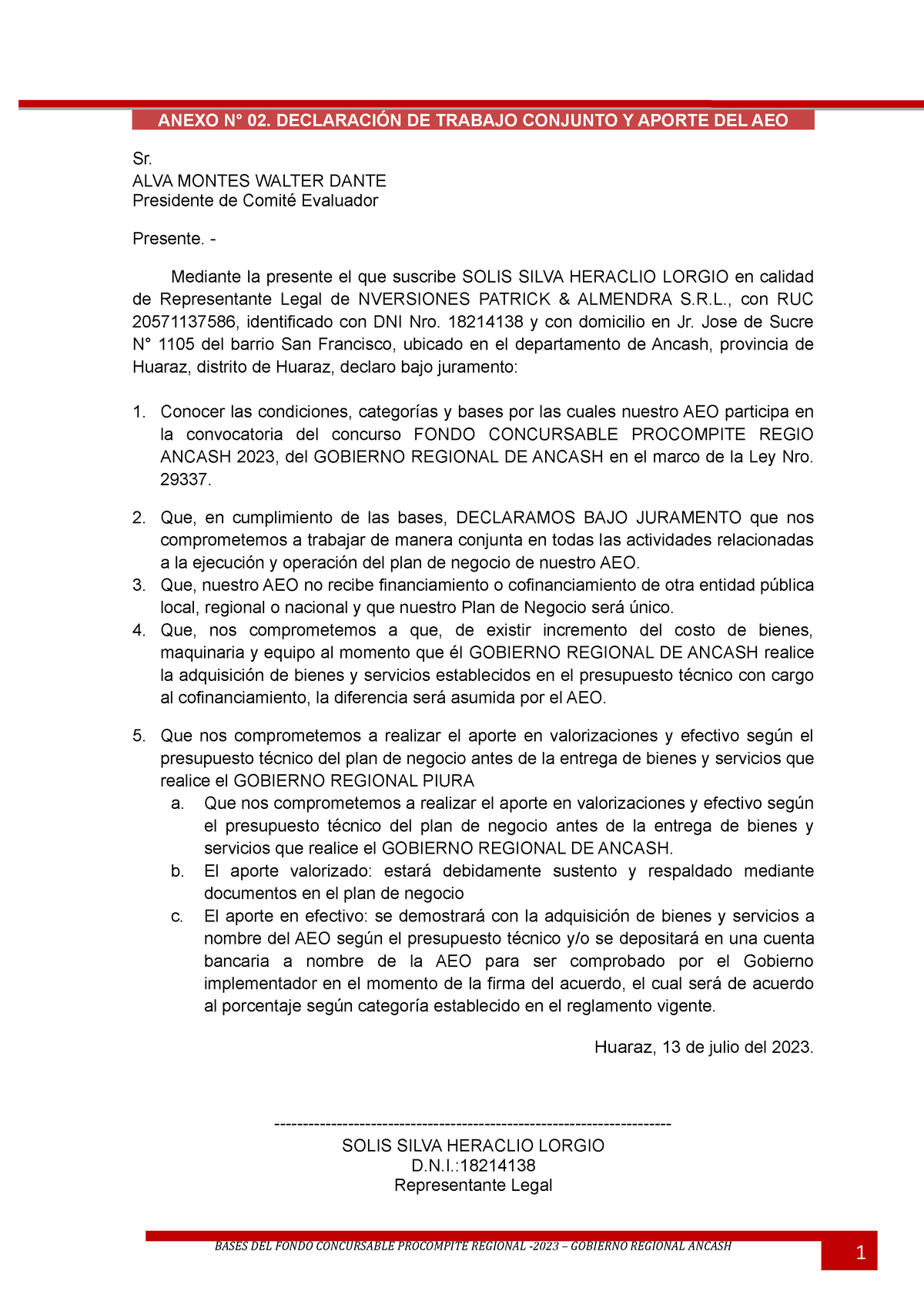 Anexo N° 02. Declaración Jurada DE Trabajo EN Conjunto - ANEXO N° 02 ...