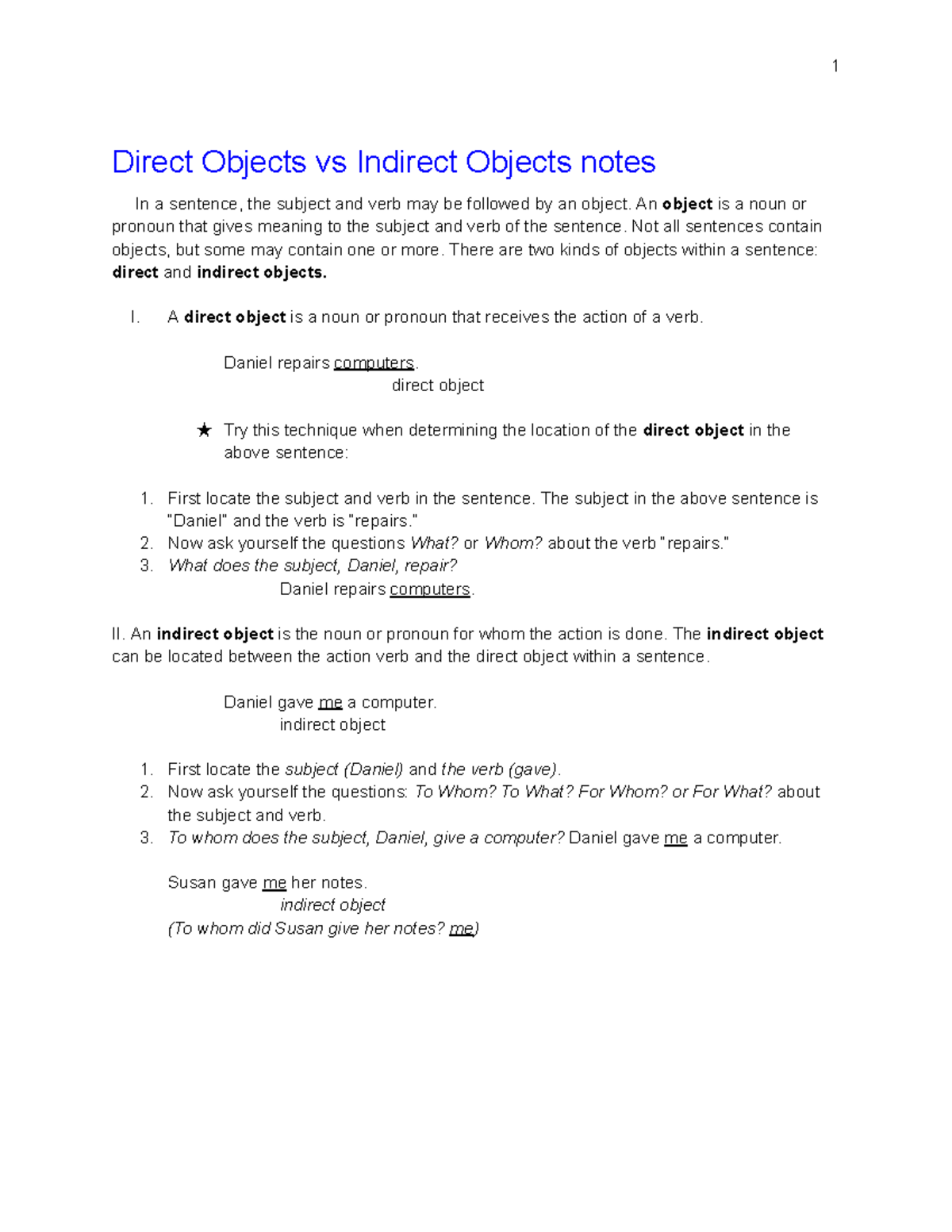 Lesson - Direct Objects vs Indirect Objects notes In a sentence, the ...