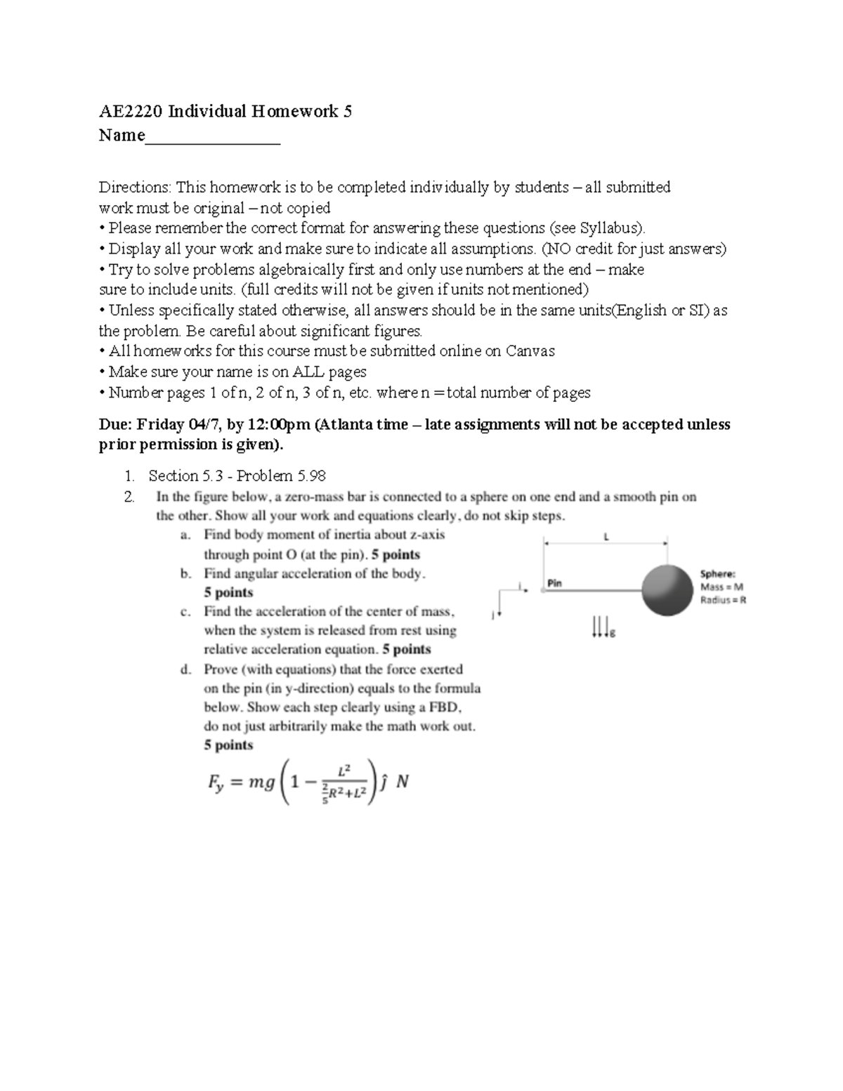 AE2220 Individual Homework 5 - Display all your work and make sure to ...