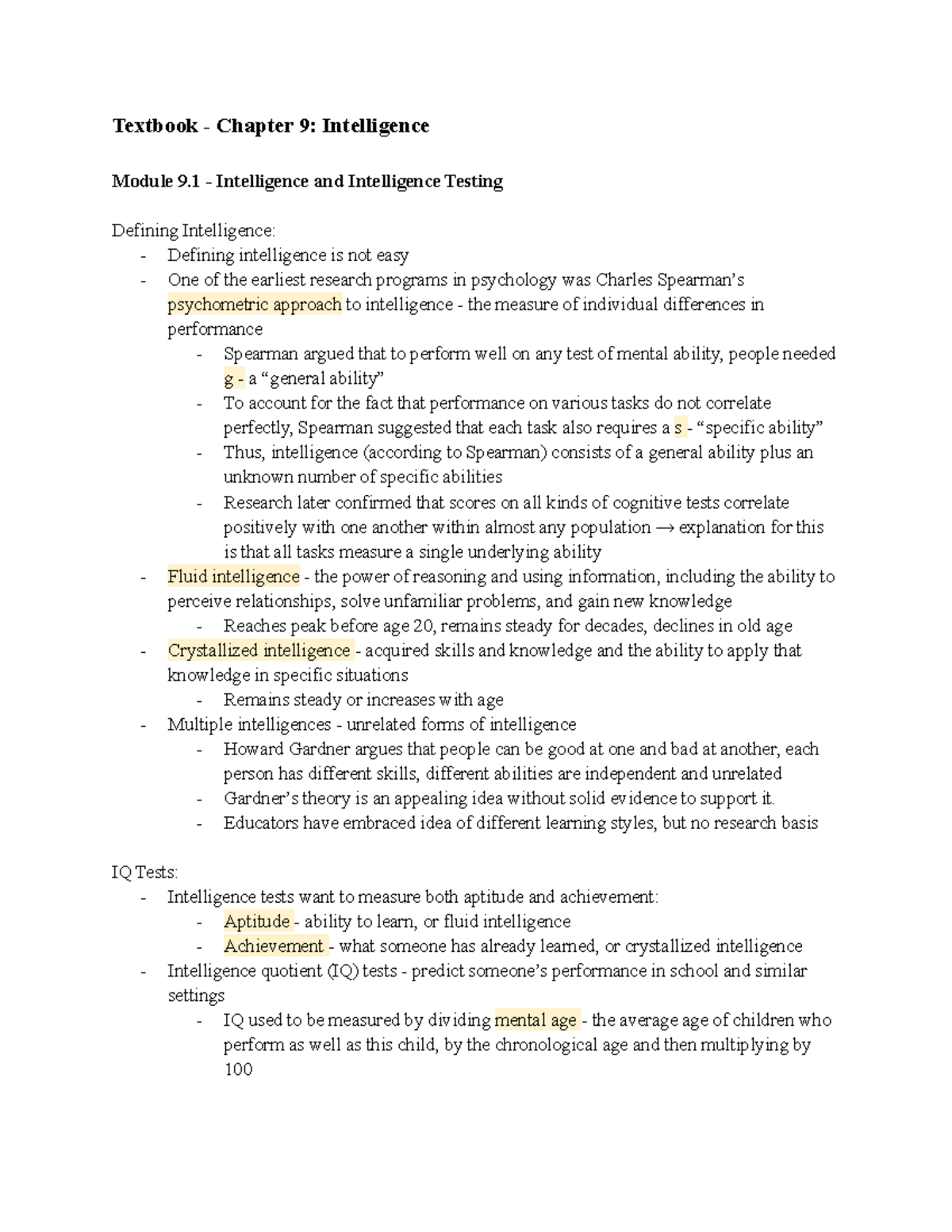 Textbook Chapter 9 Intelligence Textbook Chapter 9 Intelligence